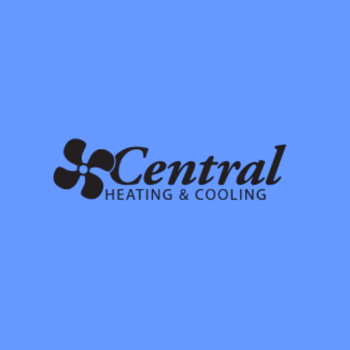 Logo for Central Heating & Cooling with a flower-like icon and brand name on a blue background.