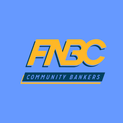 FNC Community Bankers logo on a blue background with bold yellow and blue text.