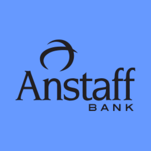 An Anstaff Bank logo on a blue background, featuring a black stylized bird or swoosh above the bank's name.