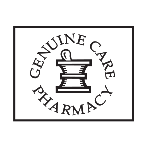 Genuine Care Pharmacy logo featuring a spool of thread with a needle on top, surrounded by the text 'Genuine Care Pharmacy' in a circular pattern.