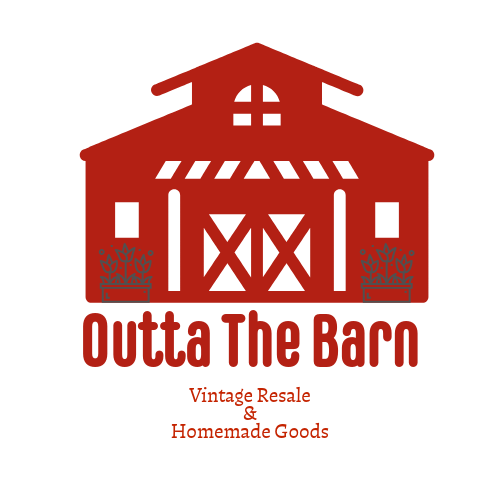 Logo for 'Outta The Barn' featuring a stylized red barn with two potted plants, with text 'Vintage Resale & Homemade Goods' below.