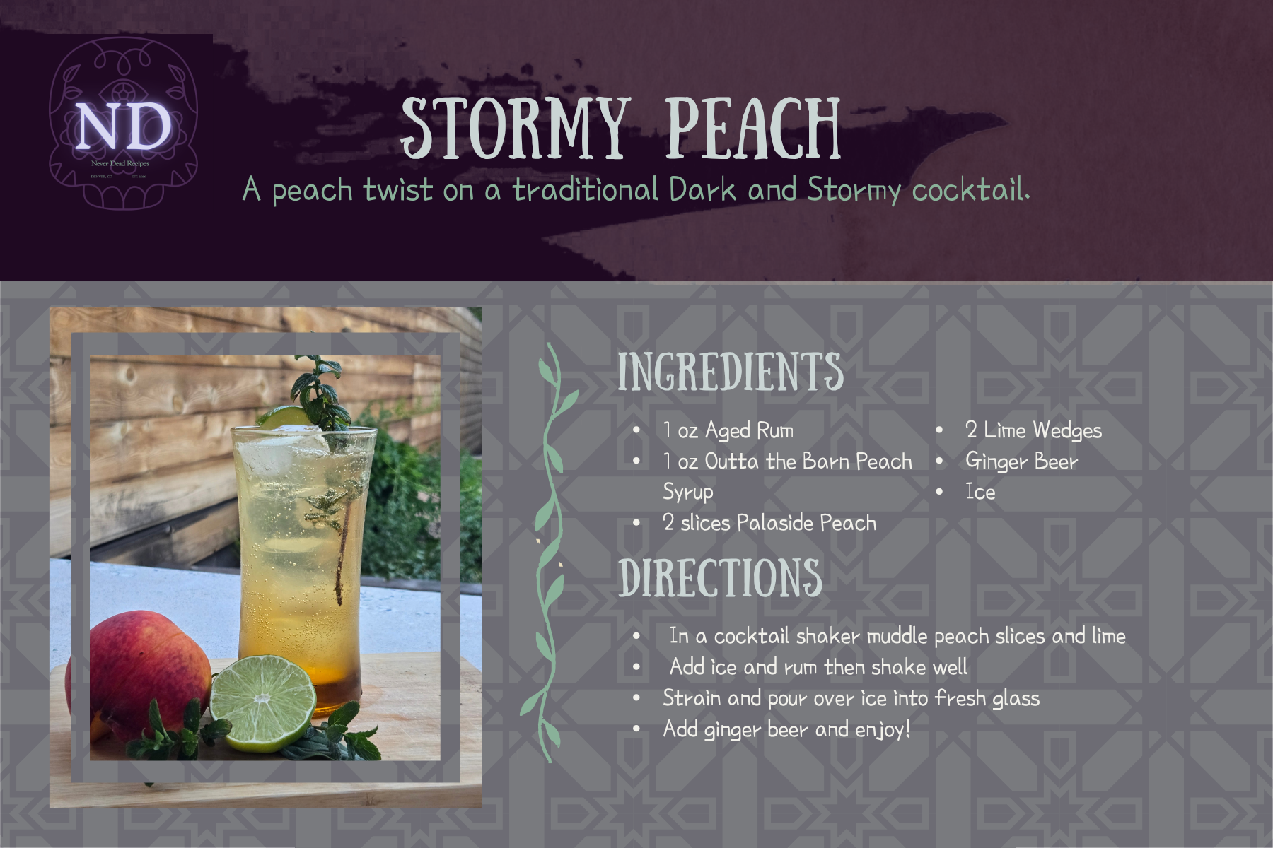 Outta The Barn's  Stormy Peach cocktail garnished with a sprig of mint, with an apple, lime, and peach slices on a wooden surface outside, next to a textured wall.