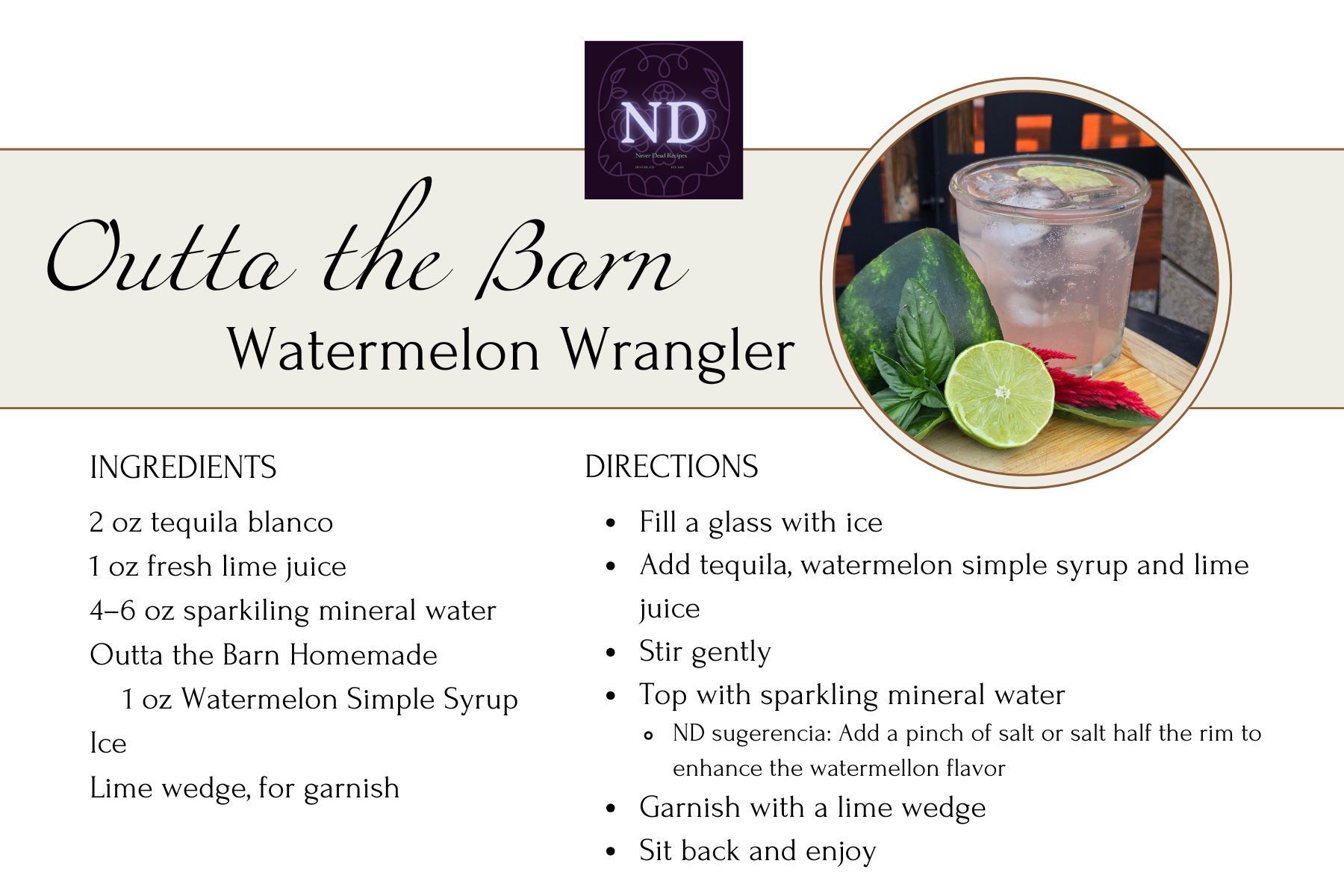 Recipe card for Outta the Barn Watermelon Wrangler drink, with a photo of the drink in a glass garnished with lime and basil, placed on a wooden surface.