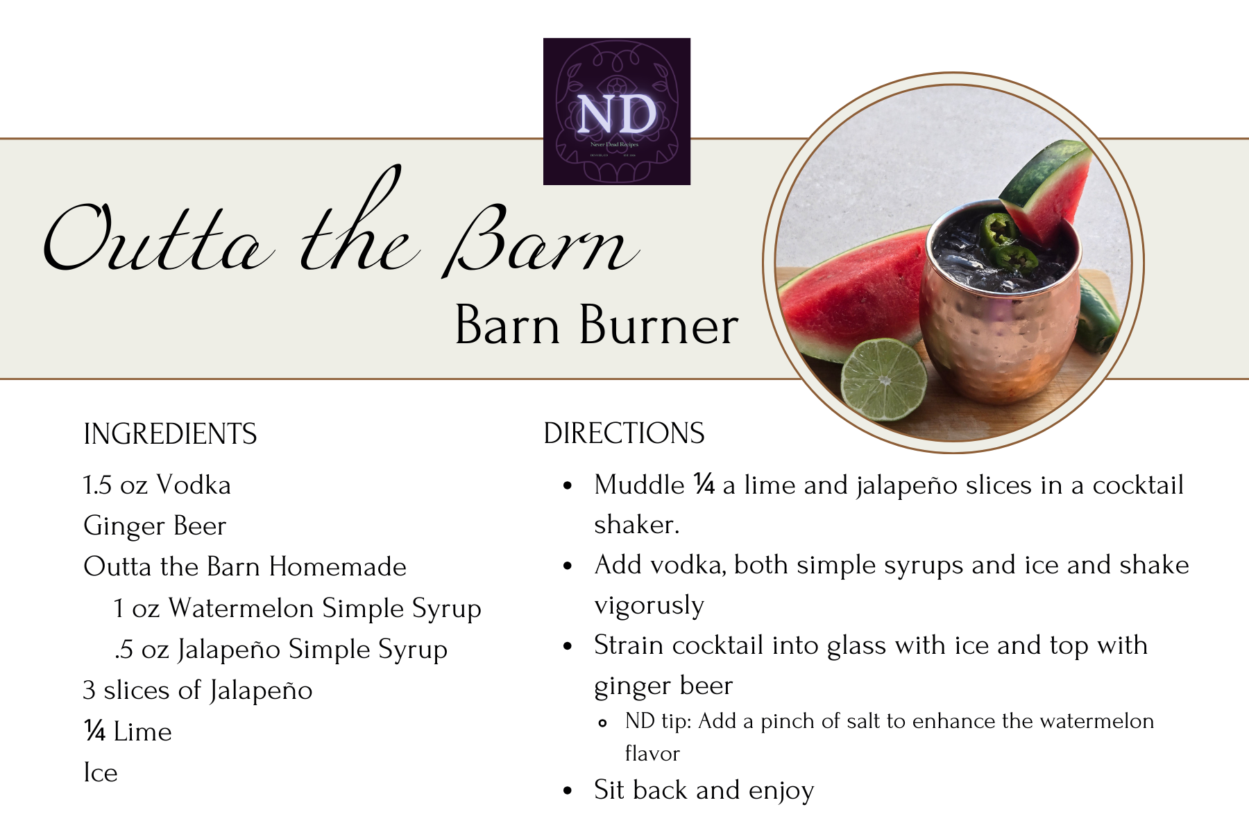 A Outta The Barn cocktail recipe titled 'Outta the Barn,' featuring ingredients like vodka, ginger beer, watermelon syrup, jalapeño syrup, lime, and ice, with a photo of a watermelon and jalapeño garnished cocktail.