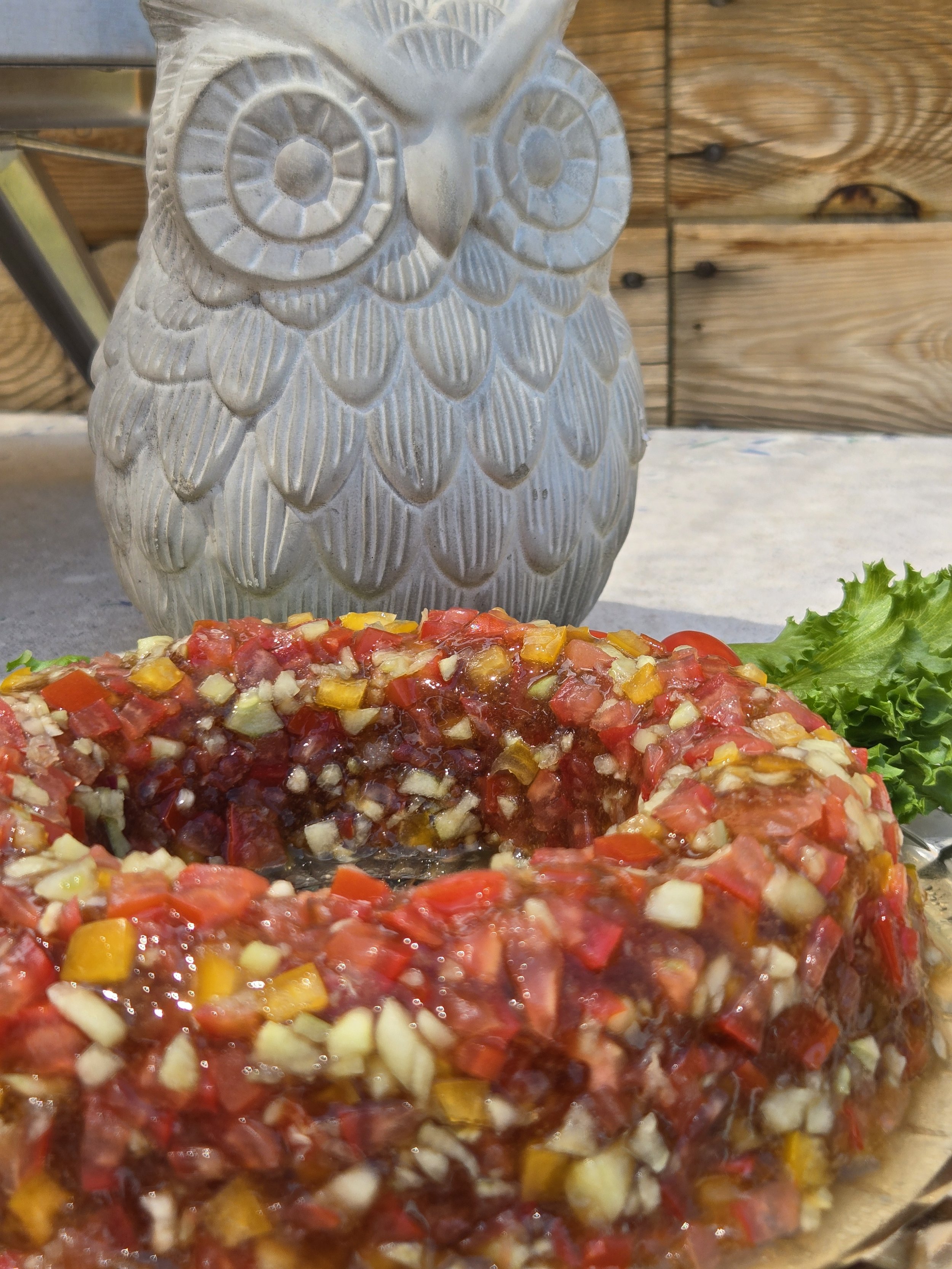 Resurrected recipe from Grandma's Recipe Box. Colorful minced vegetables on a plate with a decorative owl-shaped object in the background. Some recipes deserve a second chance. These probably don't.