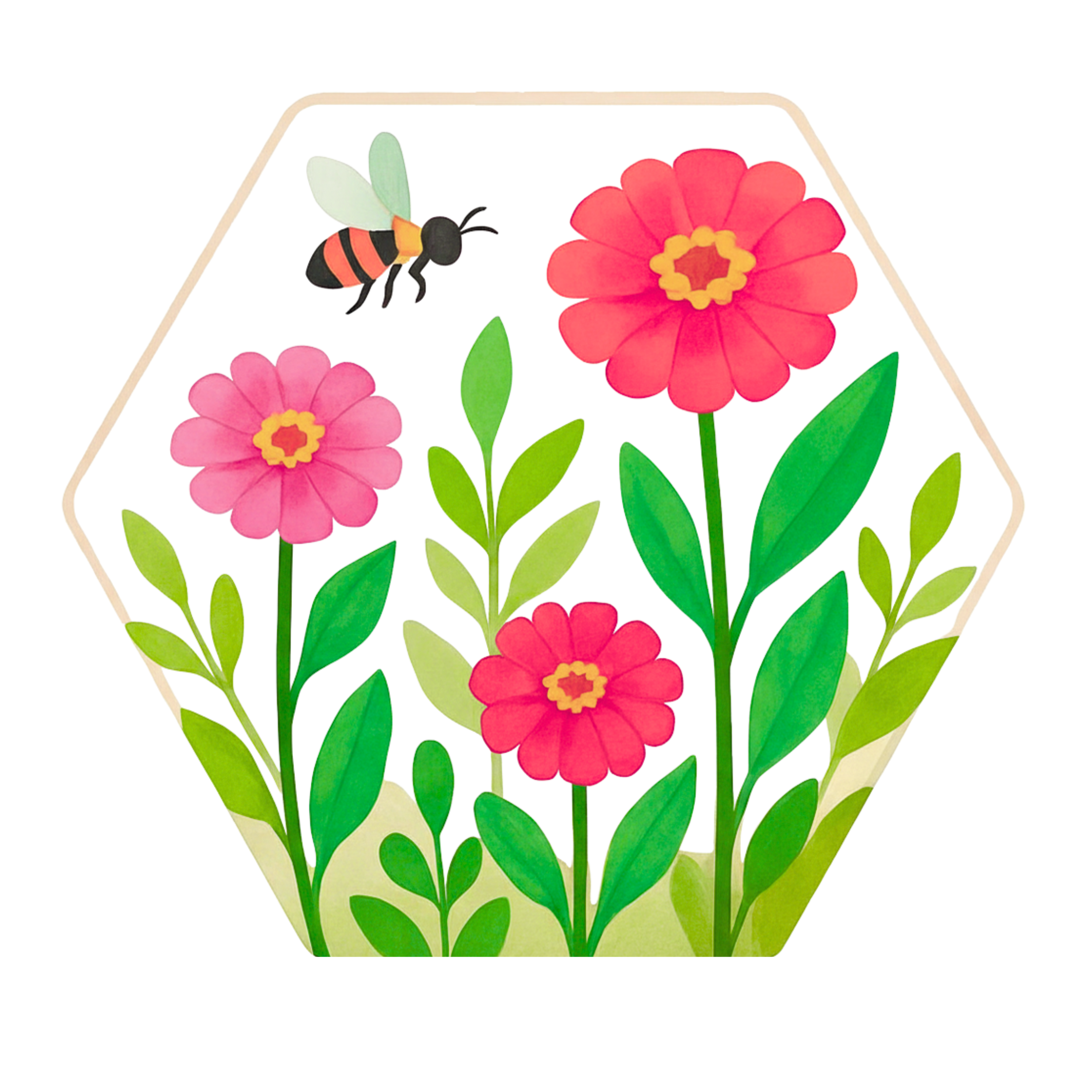 Gardens and Such Logo. Bee Hive Hexagon filled with a bee, three bright pink zinnias and green leaves.