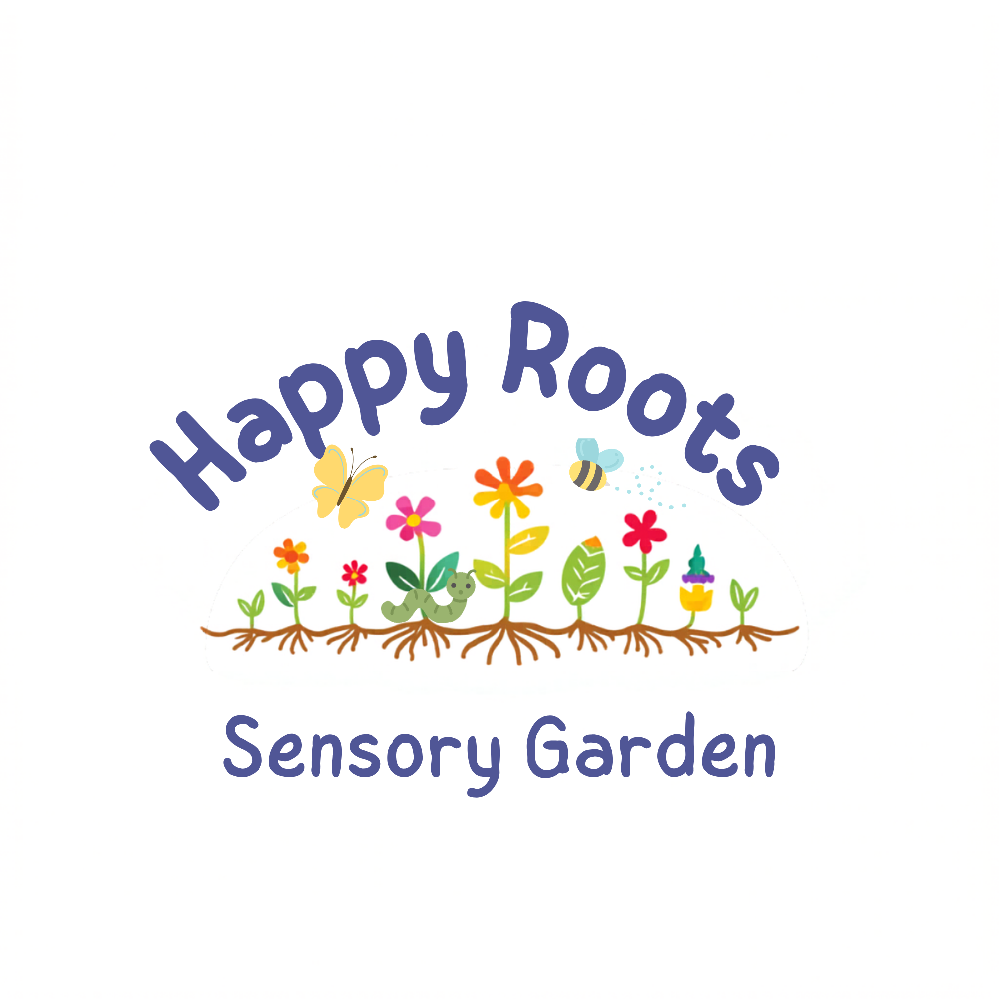 'HAPPY Root Sensory Garden' Logo. Colorful illustration with the text curved over a garden scene featuring flowers, a butterfly, bee, and worm. This is a specific sensory garden in Denver Colorado focused on helping children with sensory challenges