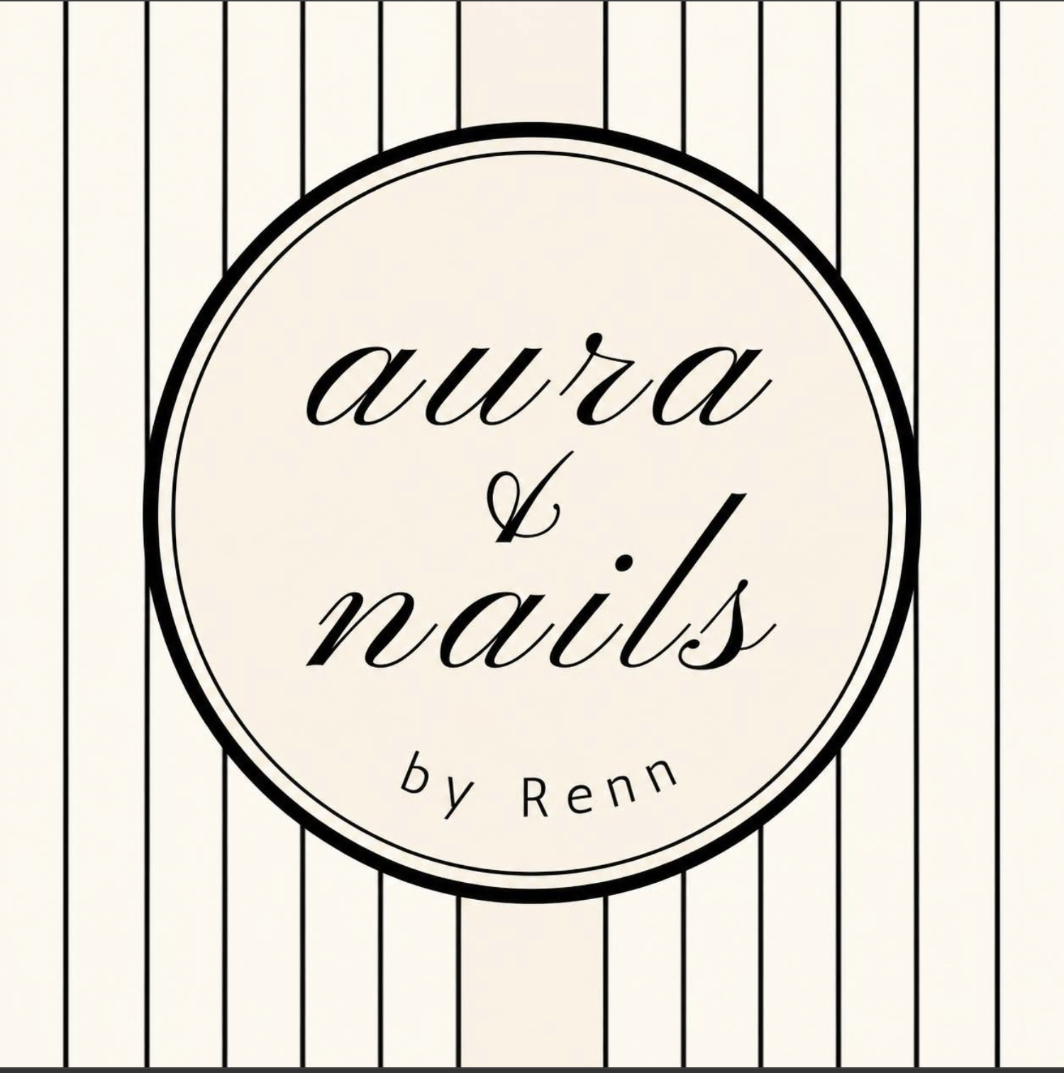 Book cover titled "aura & nails by Renn" with a black and white striped background, and a circular design surrounding the title.