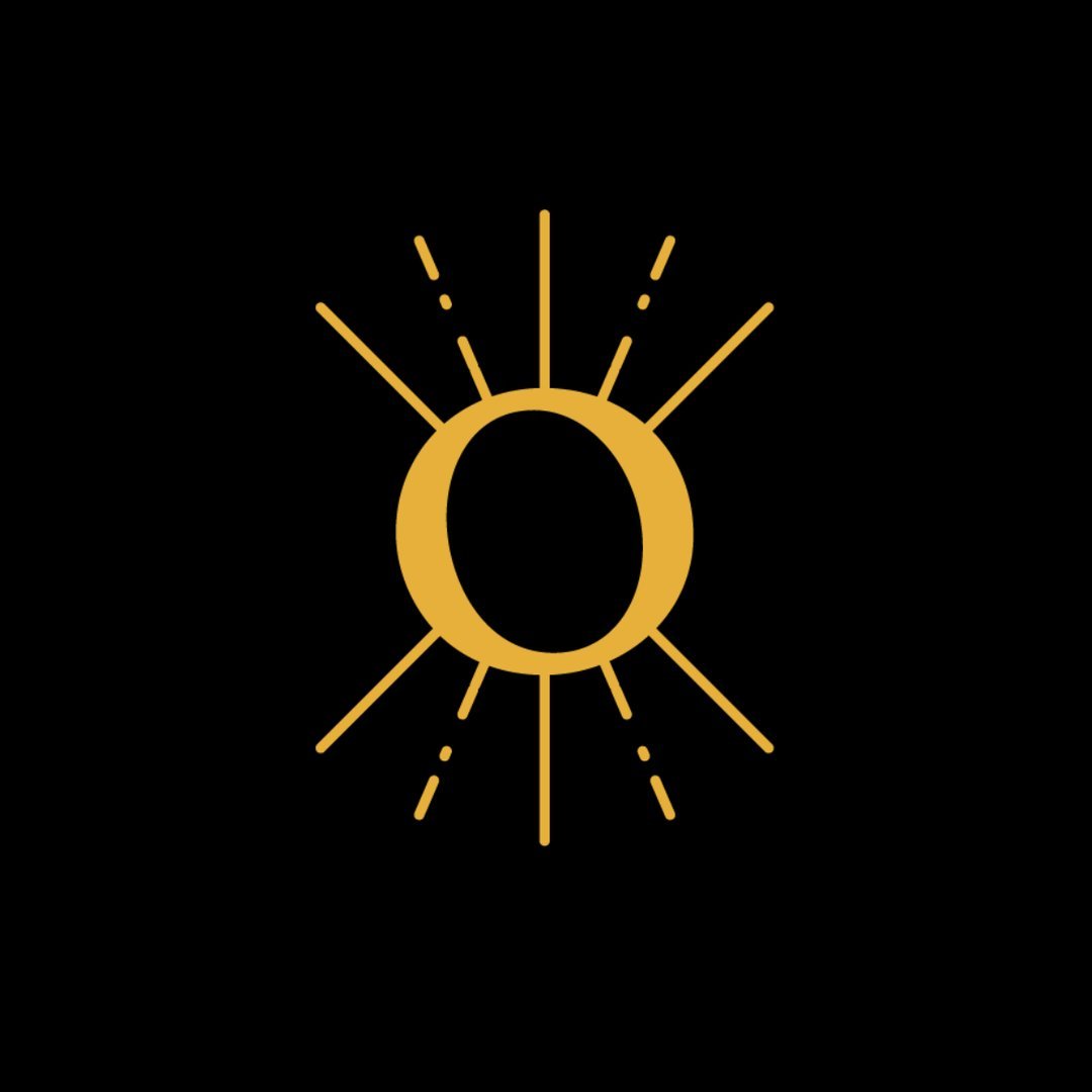 Golden letter 'O' with radiating lines on a black background.