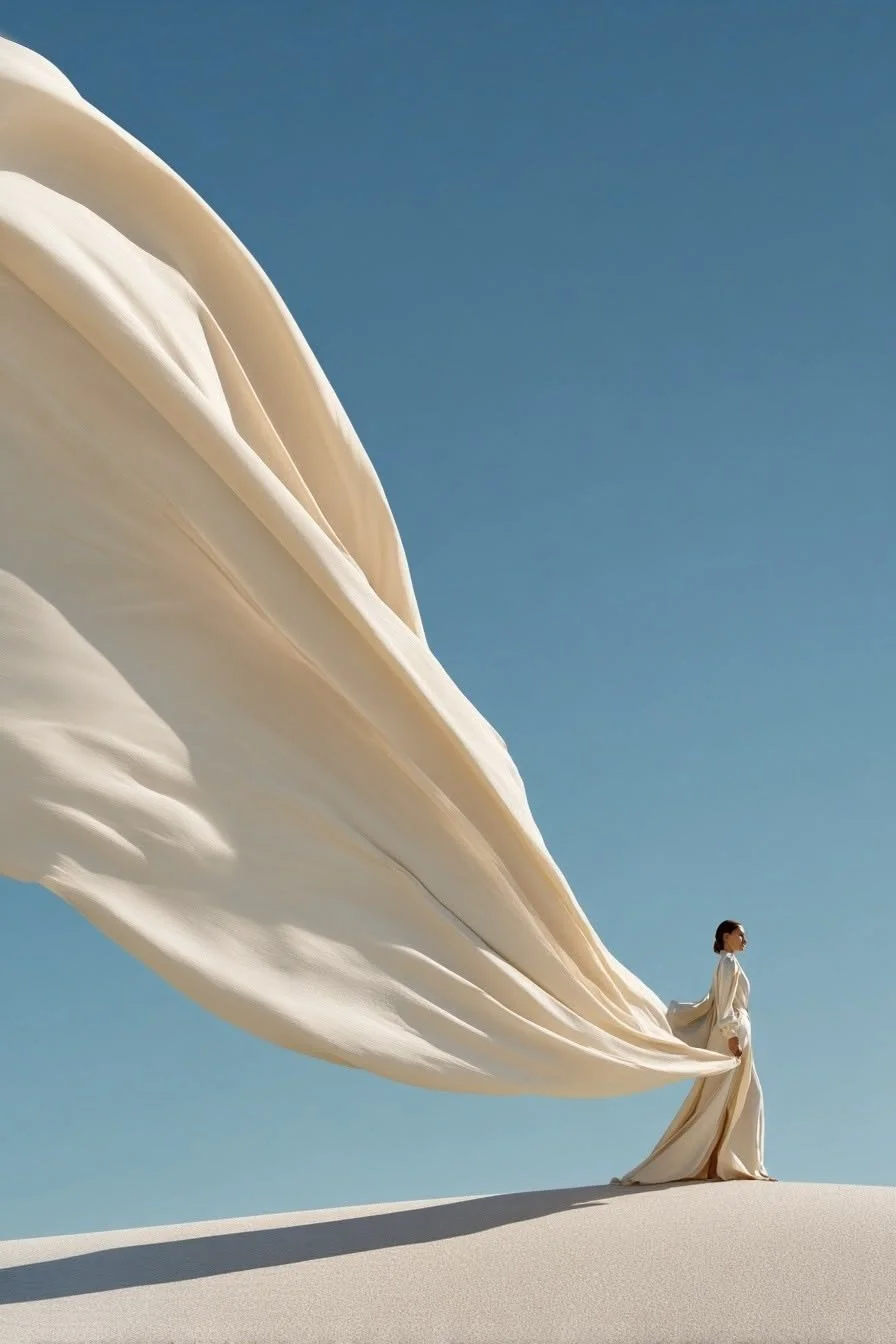 A woman in a flowing beige dress stands on a sand dune with a large, billowing piece of fabric extending from her. The sky is clear and blue.