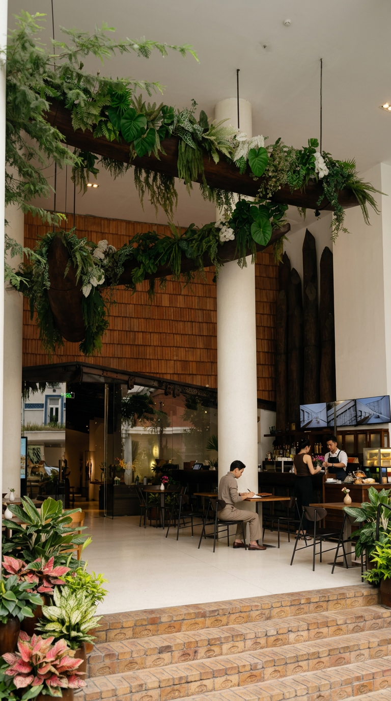 Indoor cafe with green植物装饰悬挂在天花板上，木墙和瓷砖阶梯入口，顾客座位和点餐区，有两名员工在工作，一名顾客坐在桌边阅读菜单。