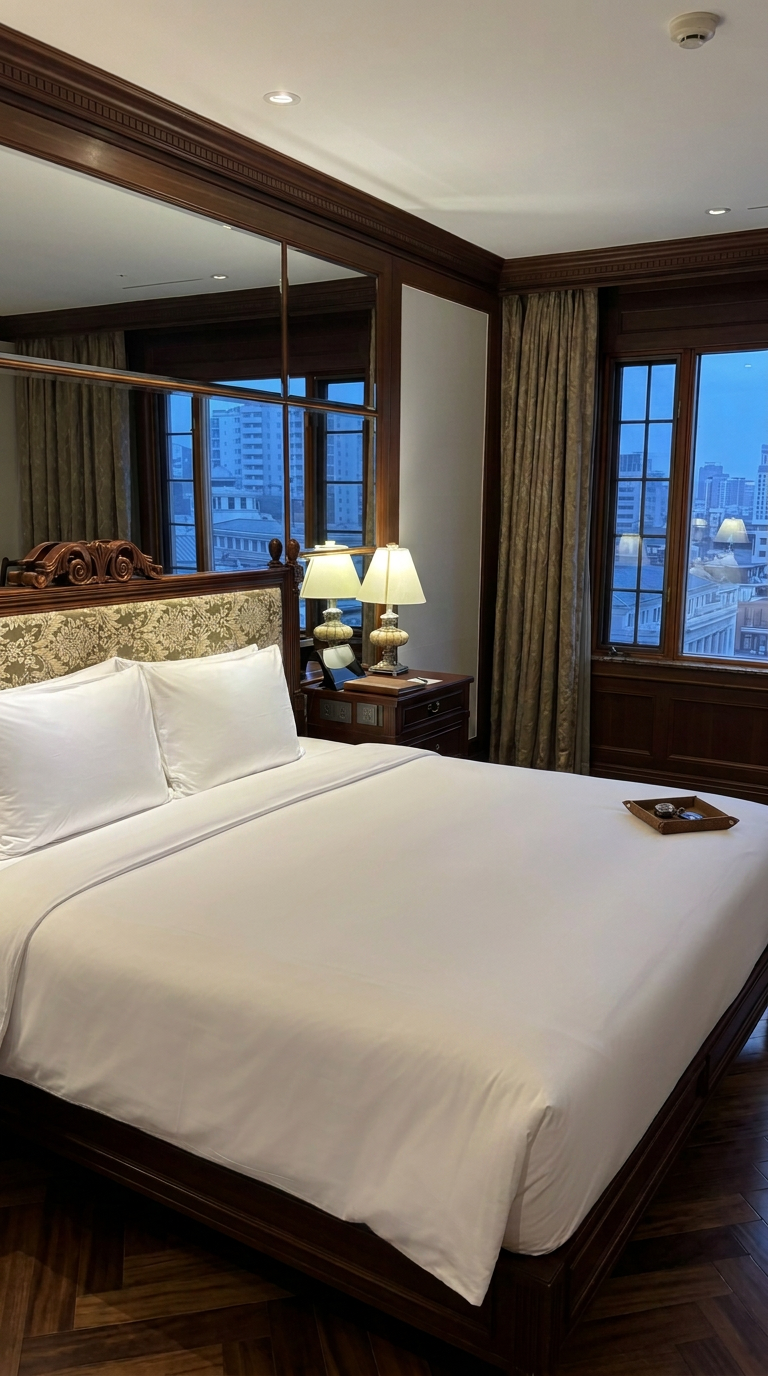 Luxury hotel room with a large bed, plush pillows, wooden headboard with intricate carvings, side table with two lamps, large windows with city view, dark curtains, and a tray with keys on the bed.