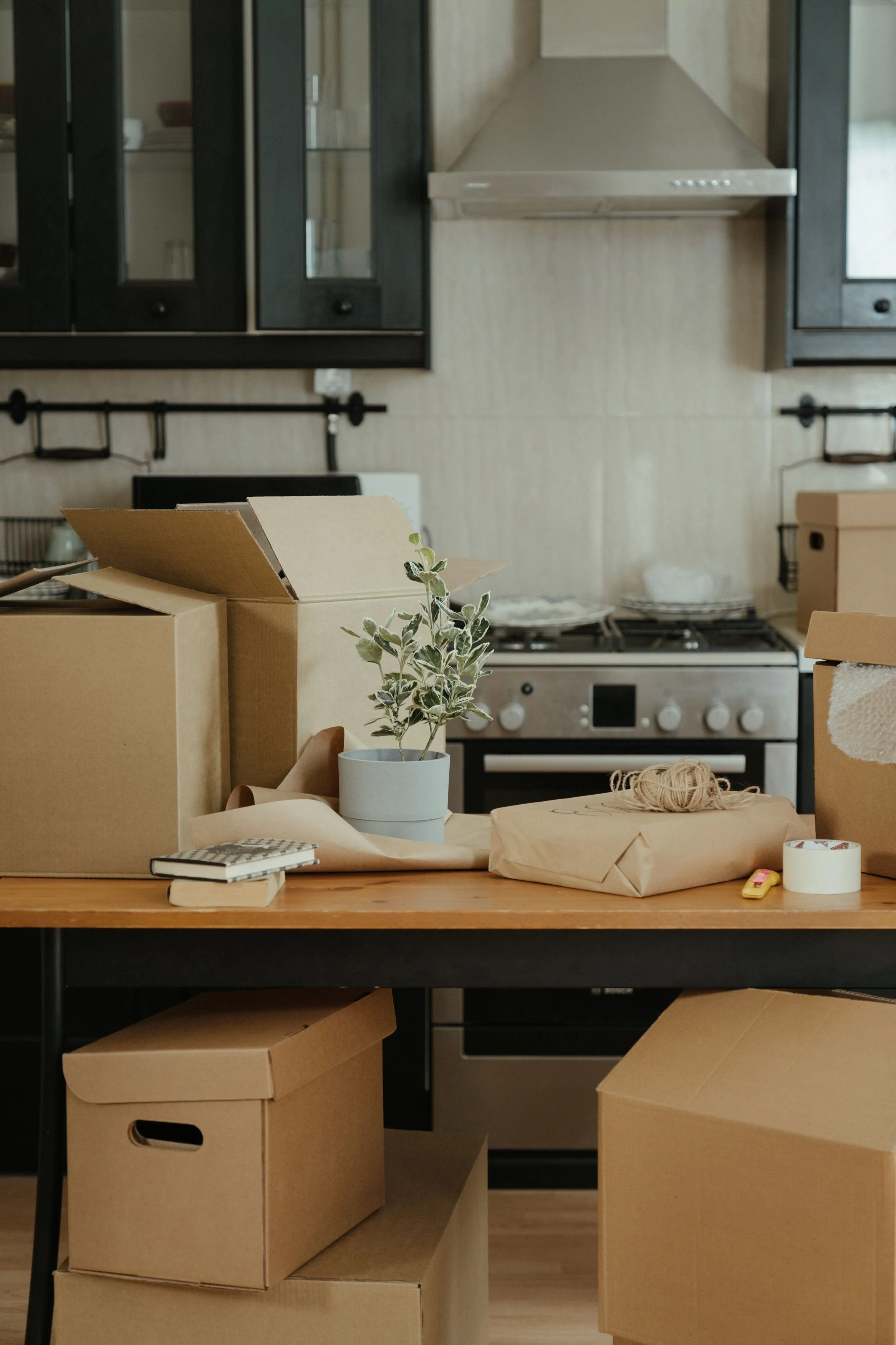 Kitchen mid-move with packed boxes, wrapped items, and a houseplant during a household transition after divorce