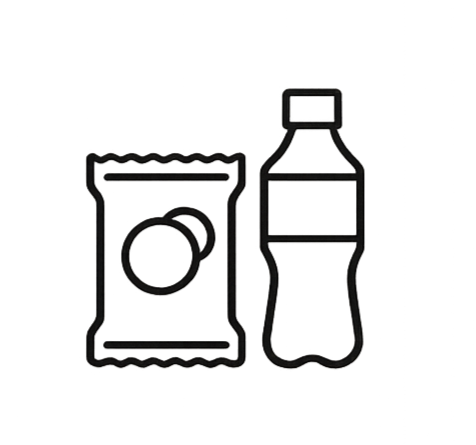 Outline of a snack bag and a plastic bottle.