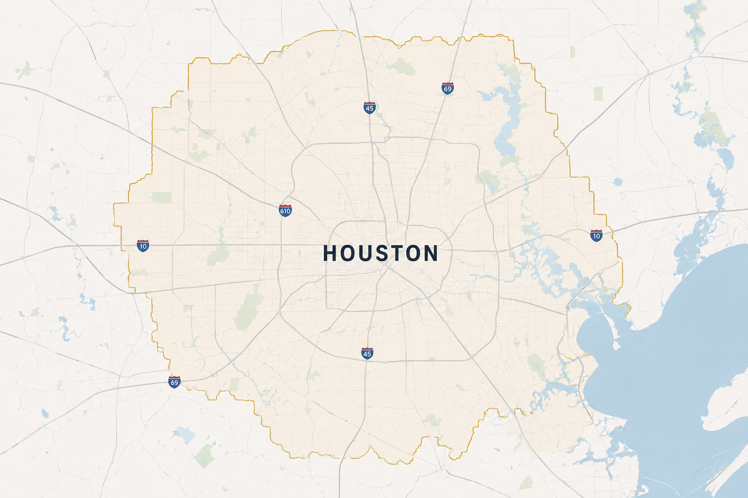Map of Houston, Texas with city boundary outlined and major highways labeled.