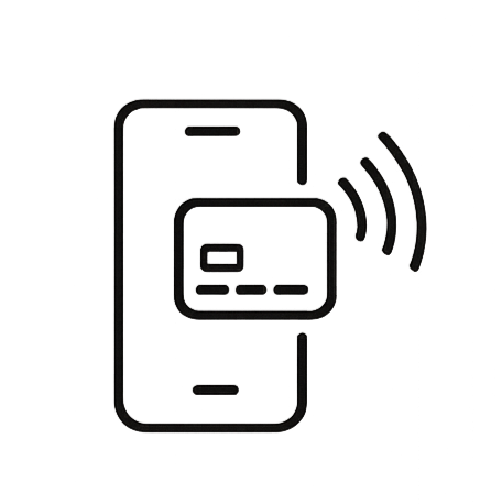 Outline of a smartphone with a contactless credit card and Wi-Fi signal indicating contactless payment feature.