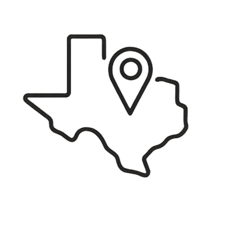 Outline of the state of Texas with a location pin inside it.