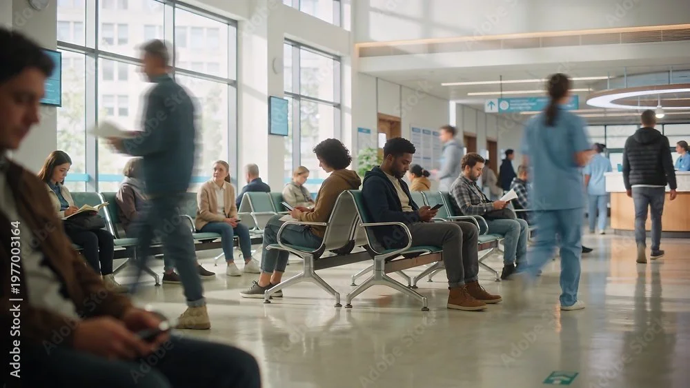 People waiting in a modern hospital or healthcare facility waiting area with seating, some using phones or reading, and medical staff passing by.