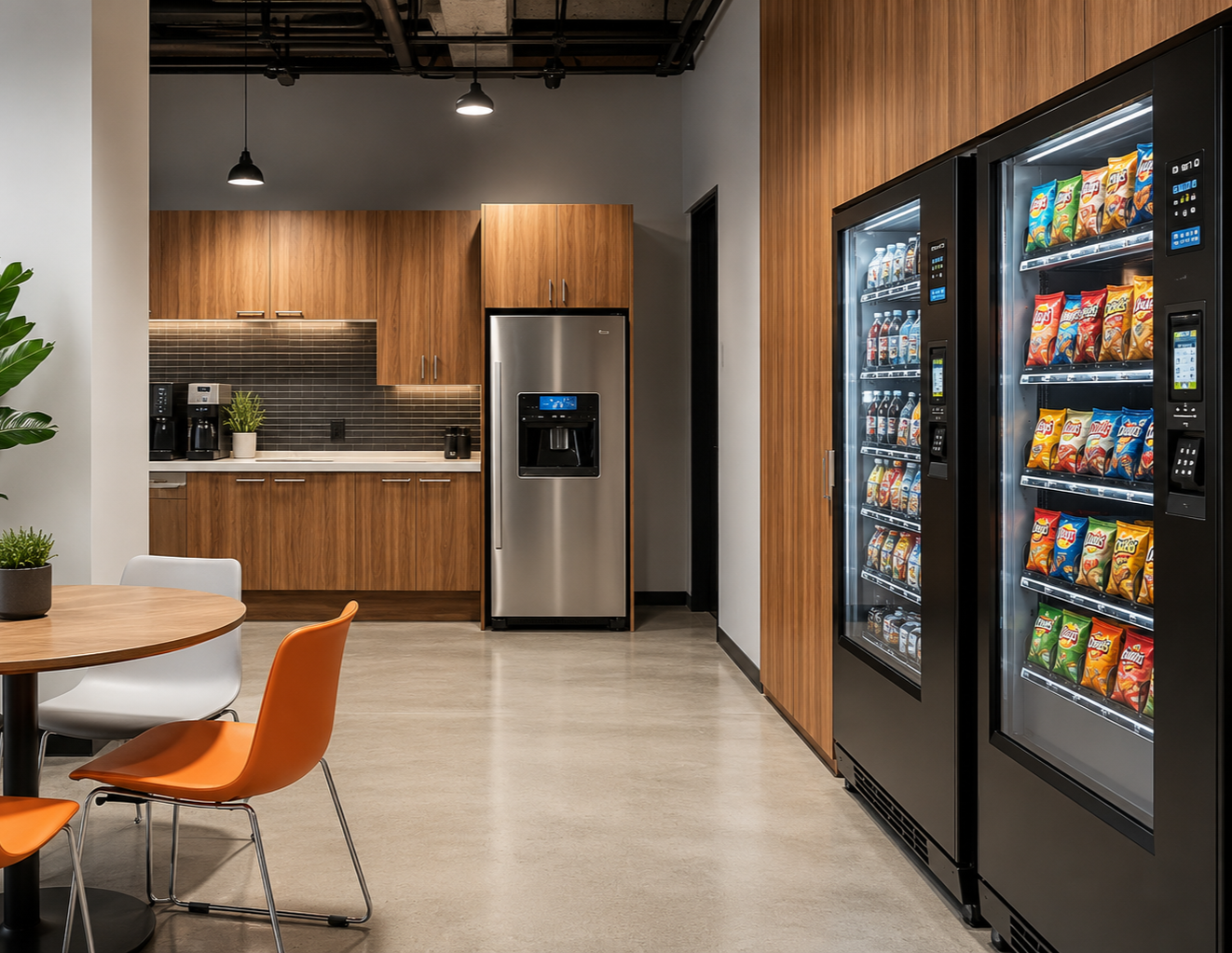 Modern office kitchenette with wooden cabinets, stainless steel refrigerator, snack vending machines, round table, and orange and white chairs.