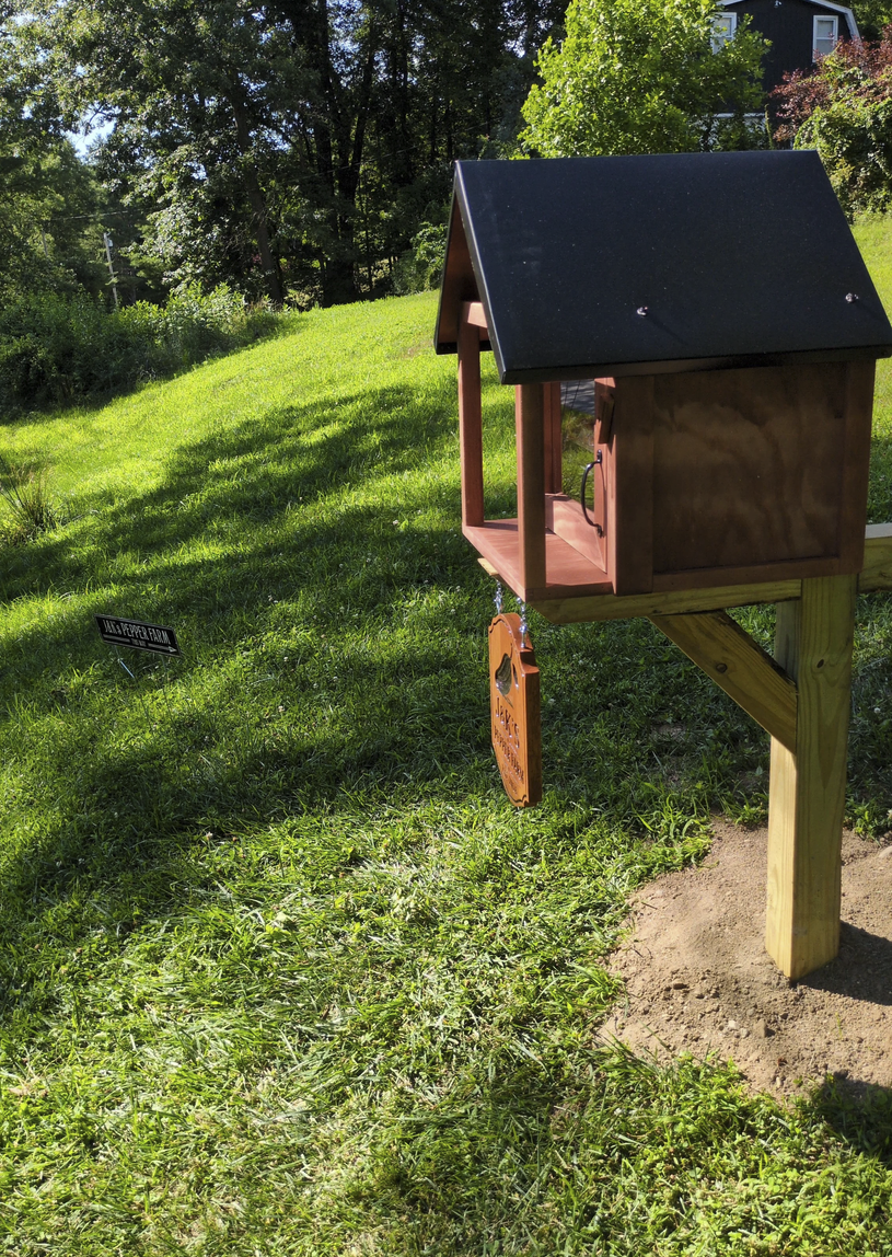 A wooden pepper stand shaped like a small house with a metal roof, located outdoors on a grassy area.