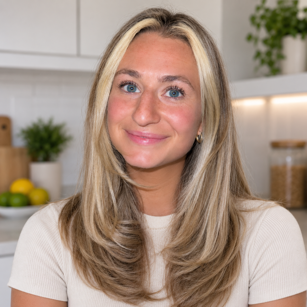 A smiling woman with long blonde hair and blue eyes in a kitchen, wearing a cream-colored top.
