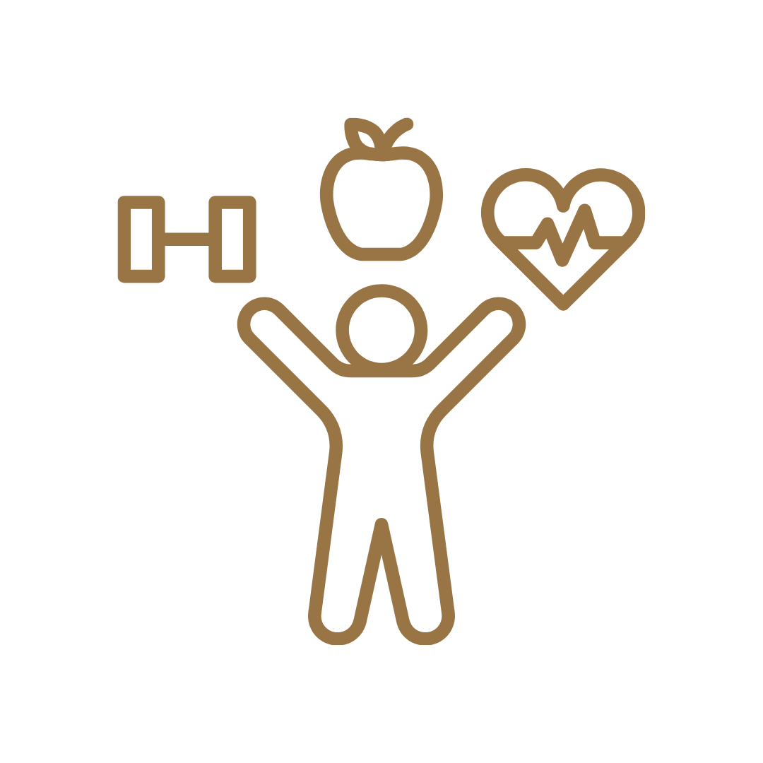 Outline of a person with arms raised, surrounded by icons of a dumbbell, apple, and heart with a pulse line, representing health and fitness.