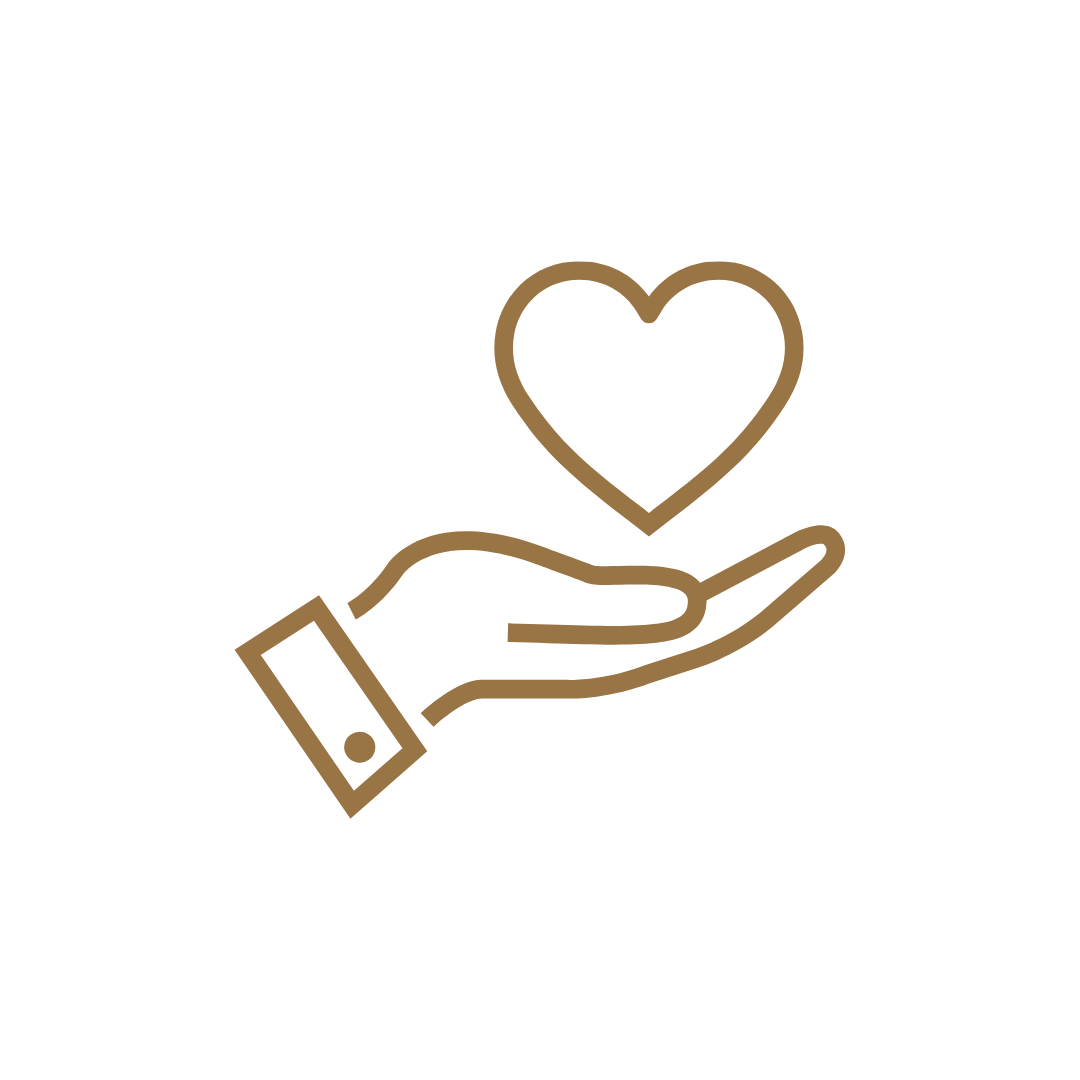 Outline of a hand holding a heart, symbolizing caring or giving.