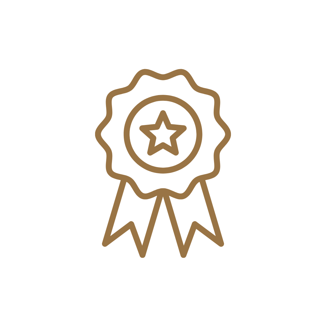 Golden award ribbon with a star in the center and two ribbon tails.