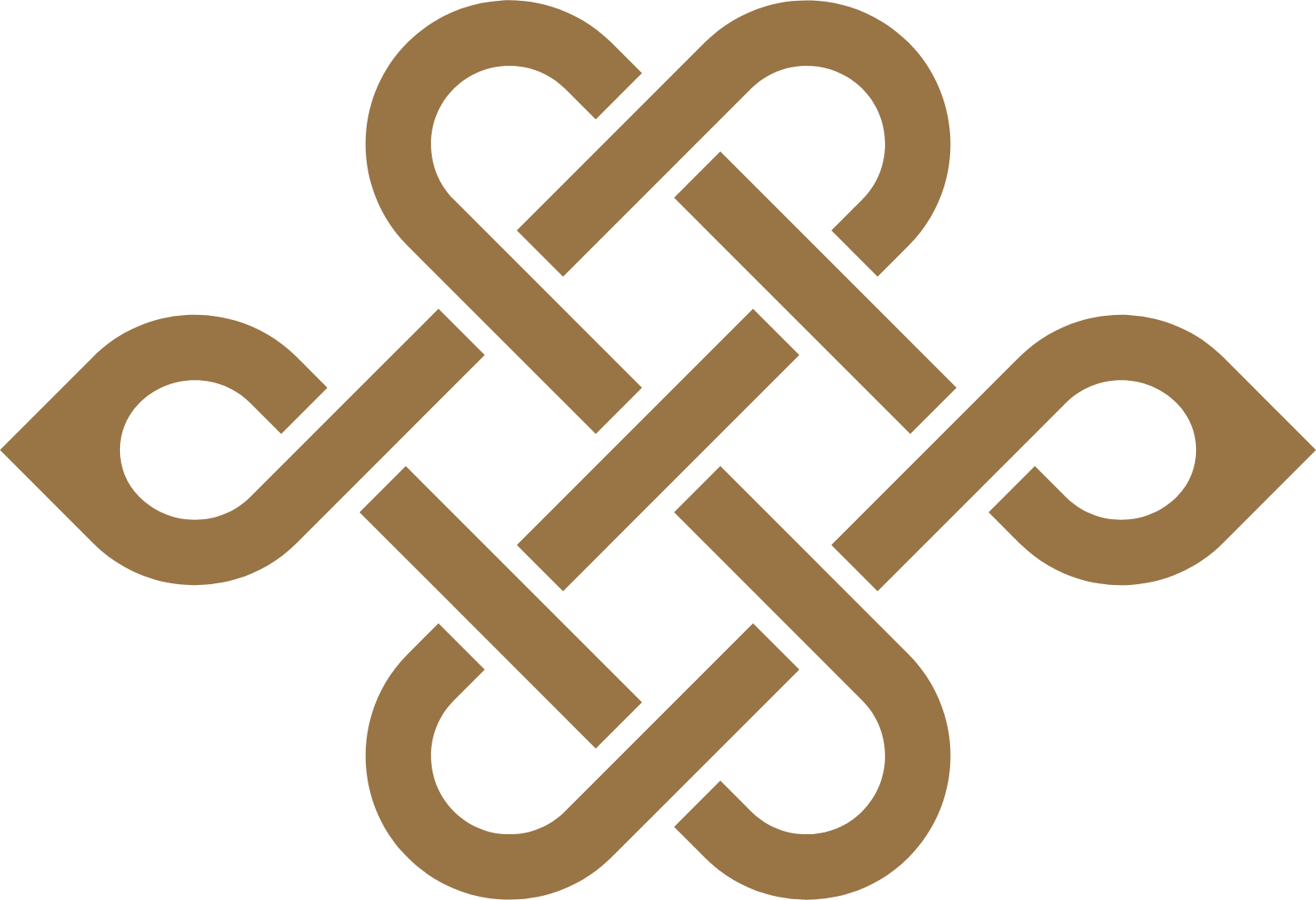 A geometric interlaced pattern with loops and lines in shades of brown on a black background.