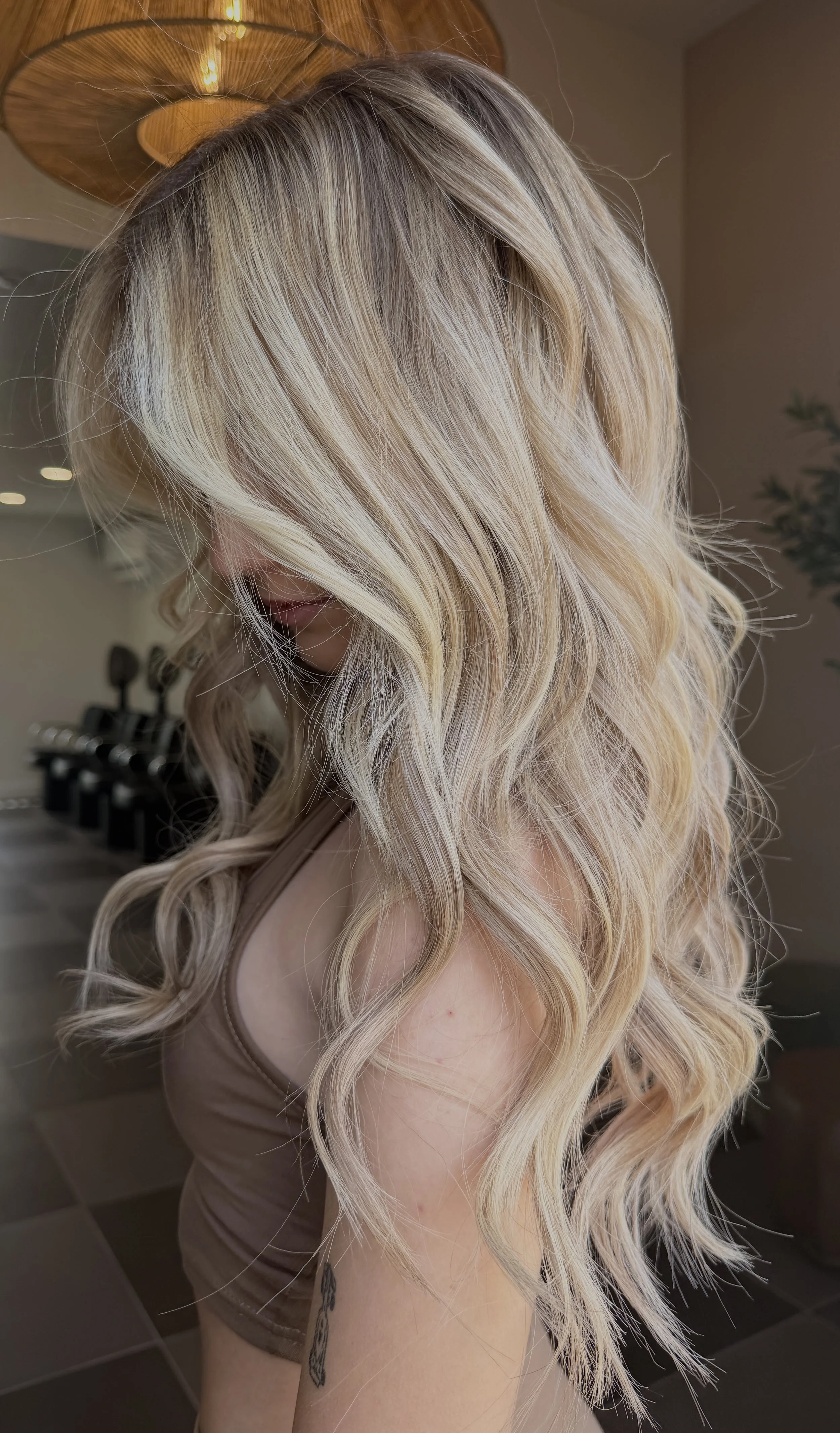 Full Head of Beaded Weft Extensions with Dimensional Blonde Highlights