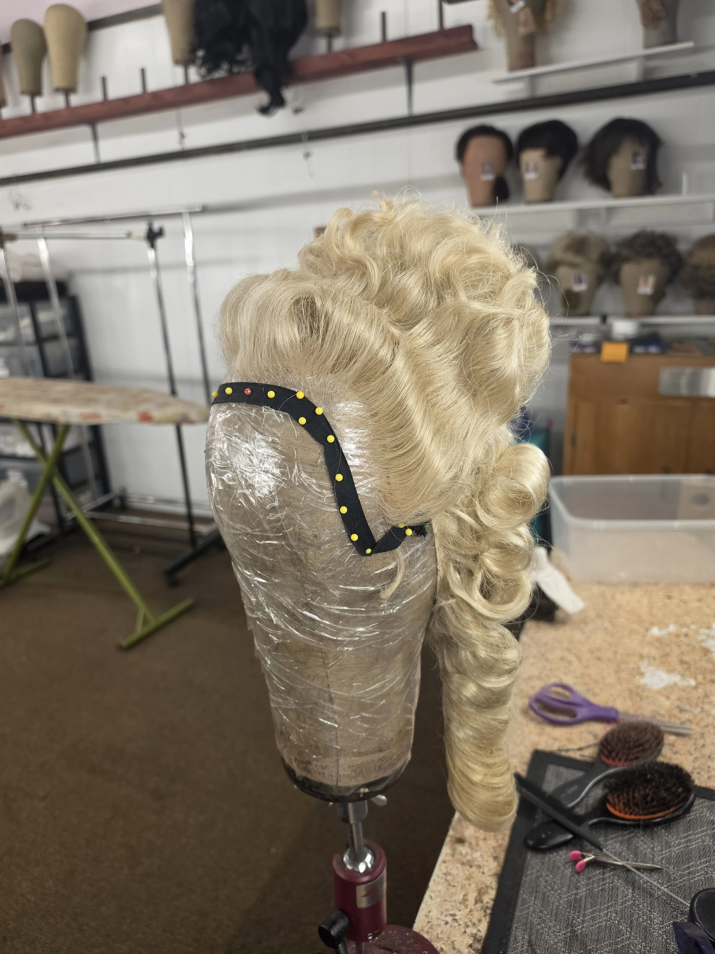 A mannequin head with blonde, curly hair mounted on a stand in a hair salon or wig shop. In the background, there are several other mannequin heads with various hair colors and styles displayed on shelves.