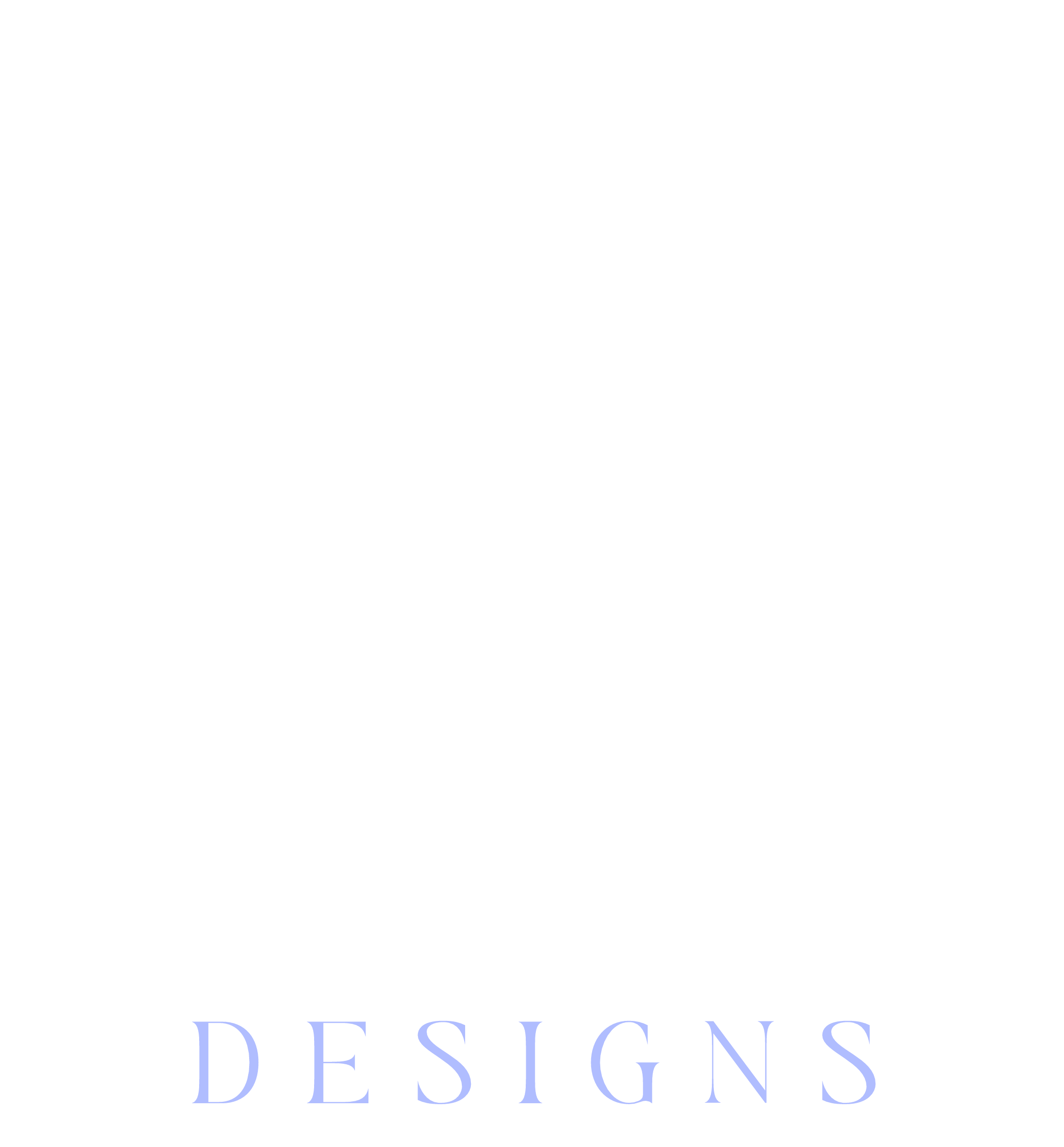 A monochrome logo featuring an abstract floral design and the words "Designs" in light purple text below.
