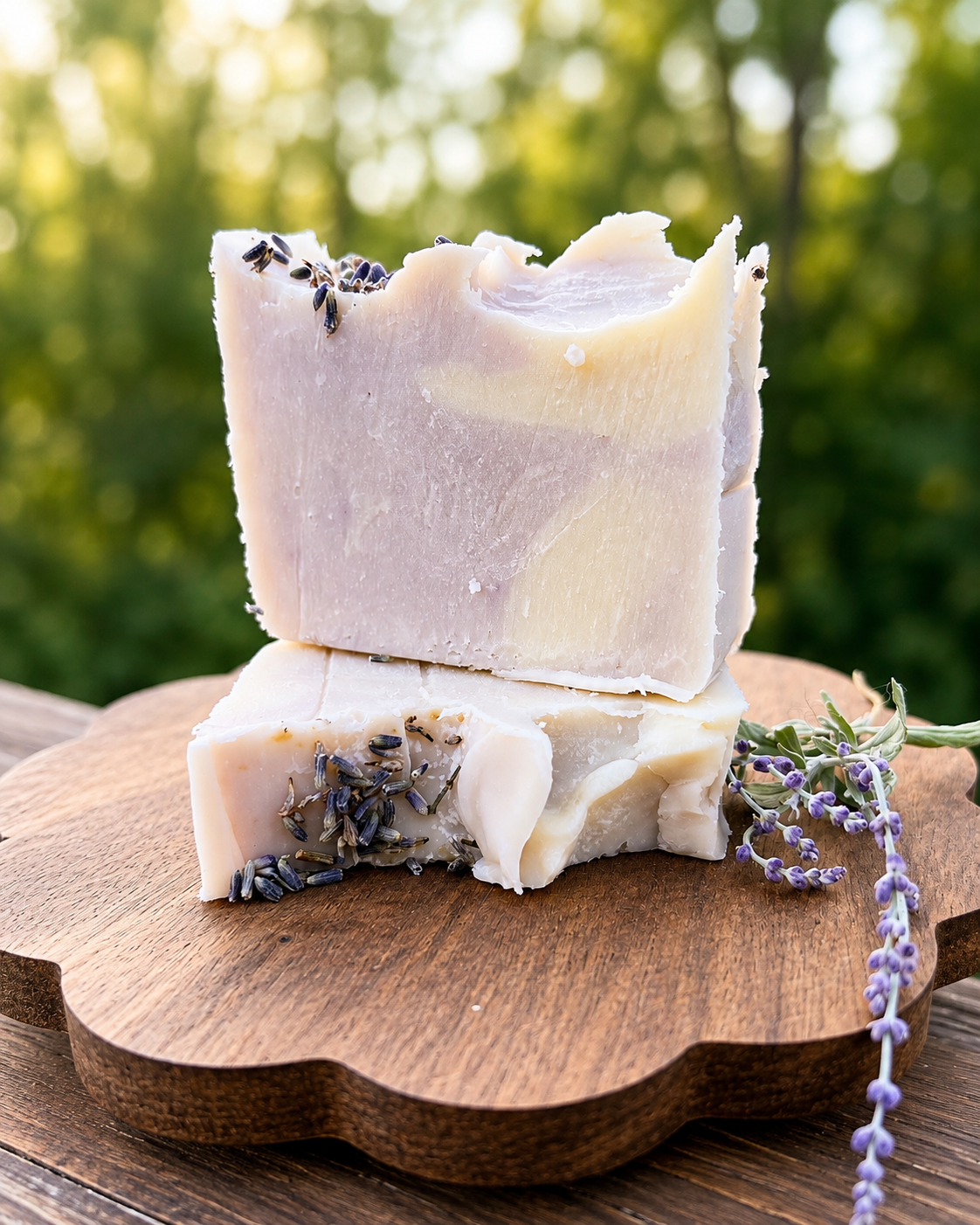 Two blocks of soap with lavender sprigs on a wooden surface outdoors.