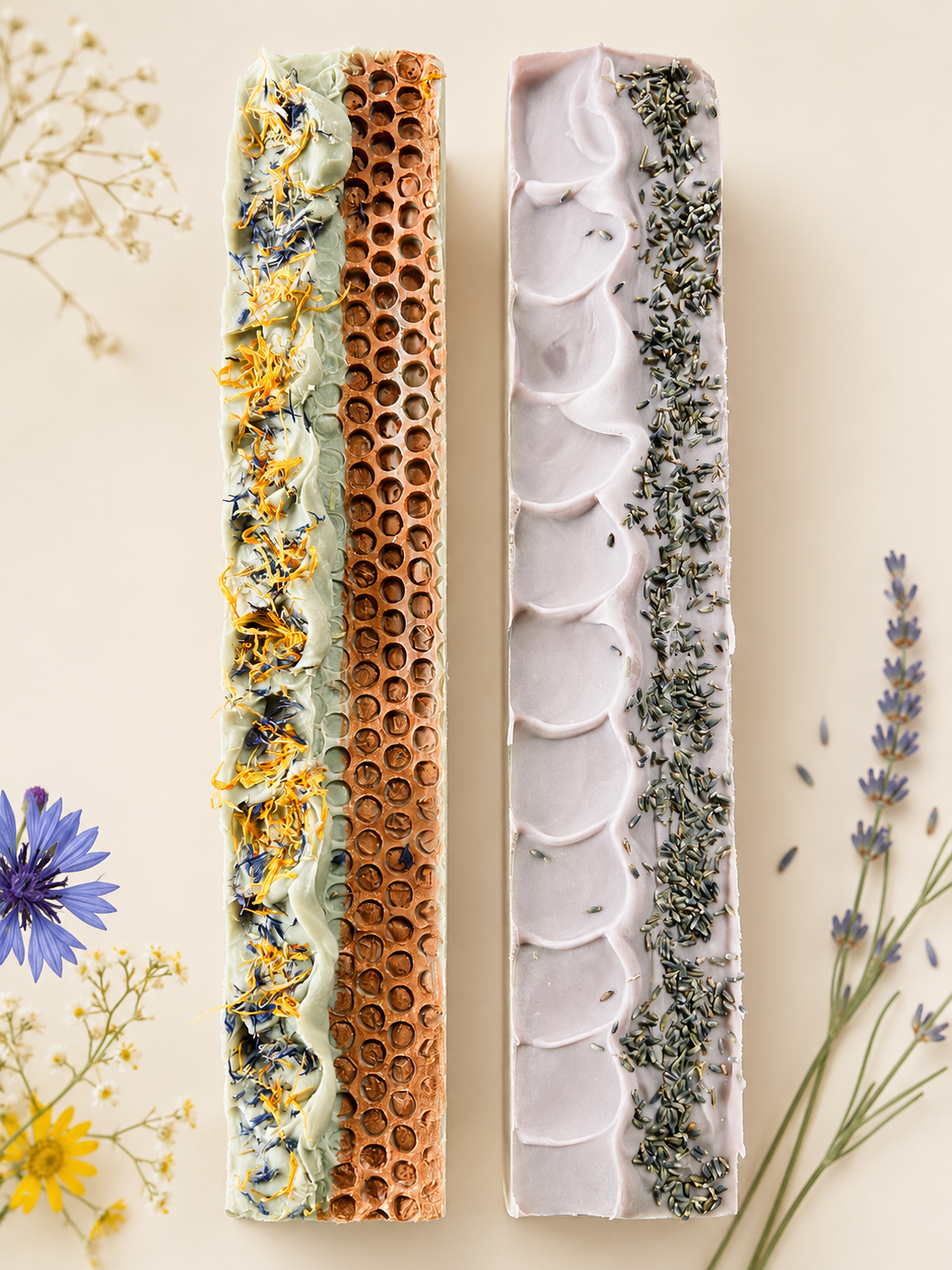 Two decorative soap bars with floral embellishments, one with white frosting and flower petals and the other with a honeycomb pattern and flowers.