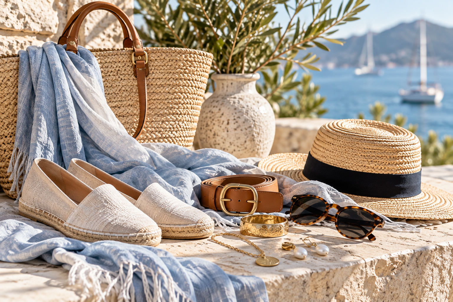 Women’s shoes, woven bags, belts, hats, sunglasses and jewellery arranged with soft blue and neutral accessories.