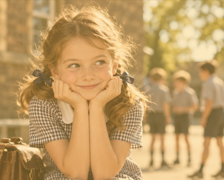 A schoolgirl with a mischievous little smile, dreaming up her next big idea.