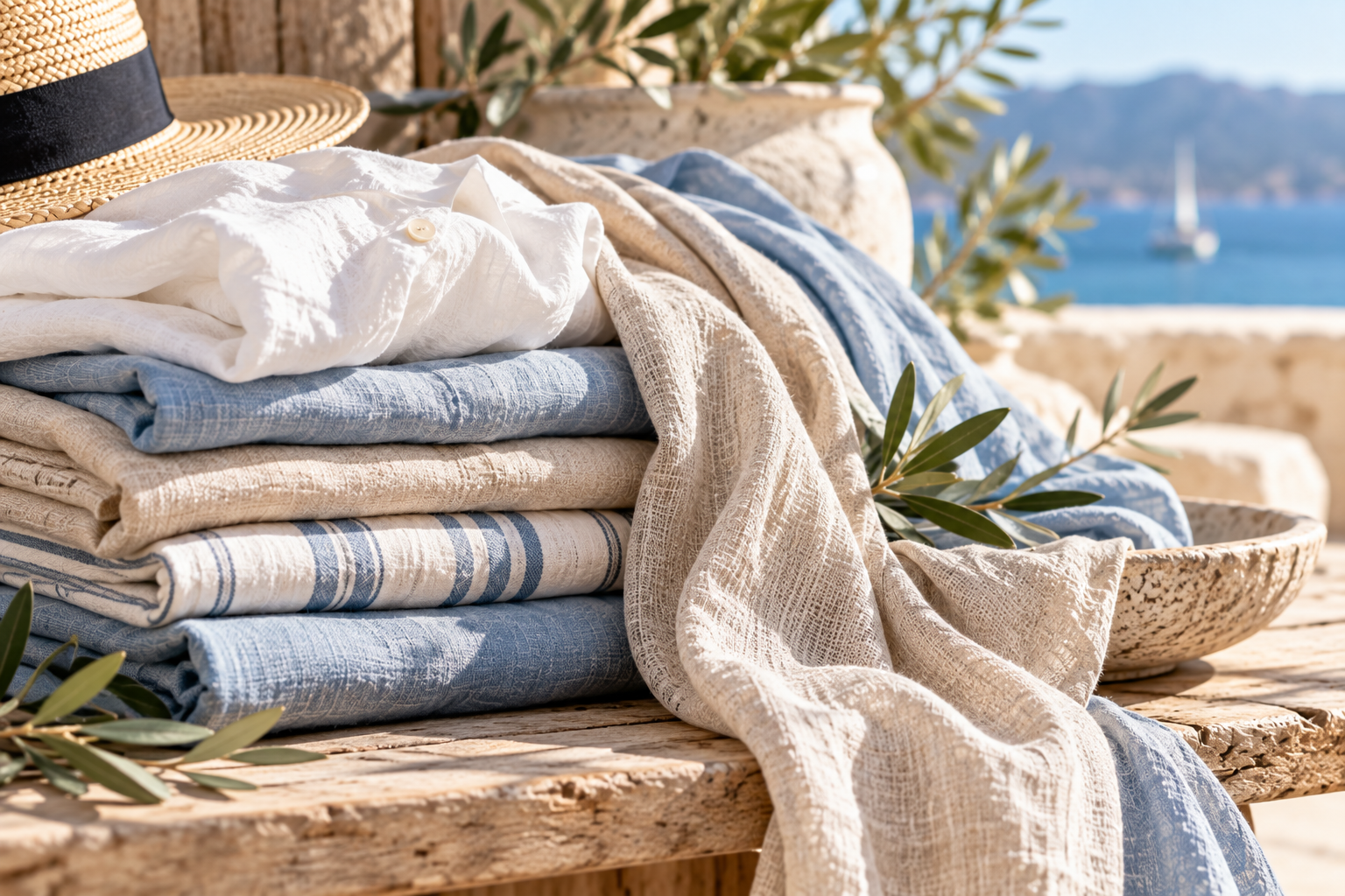 A collection of soft natural fabrics in white, blue and neutral tones, illustrating texture, comfort and the feel of clothing.