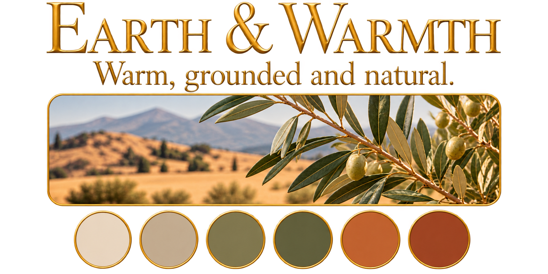 “Olive branches against a warm earthy landscape, reflecting natural olive, sand and terracotta tones.”