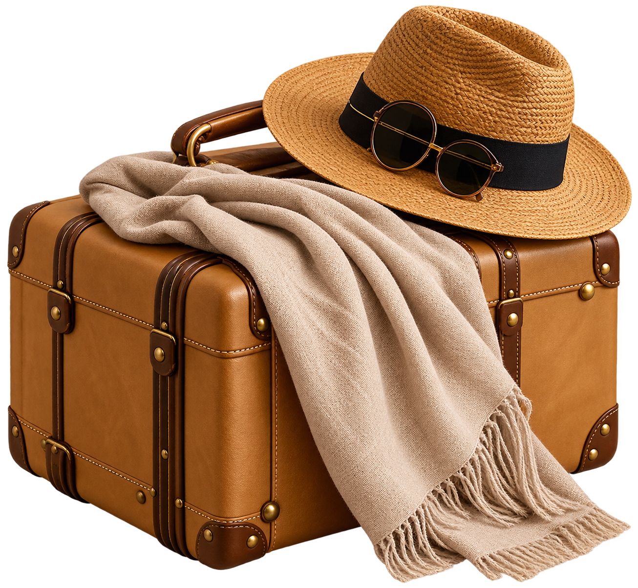 Travel wardrobe essentials with clothing, hat and suitcase.