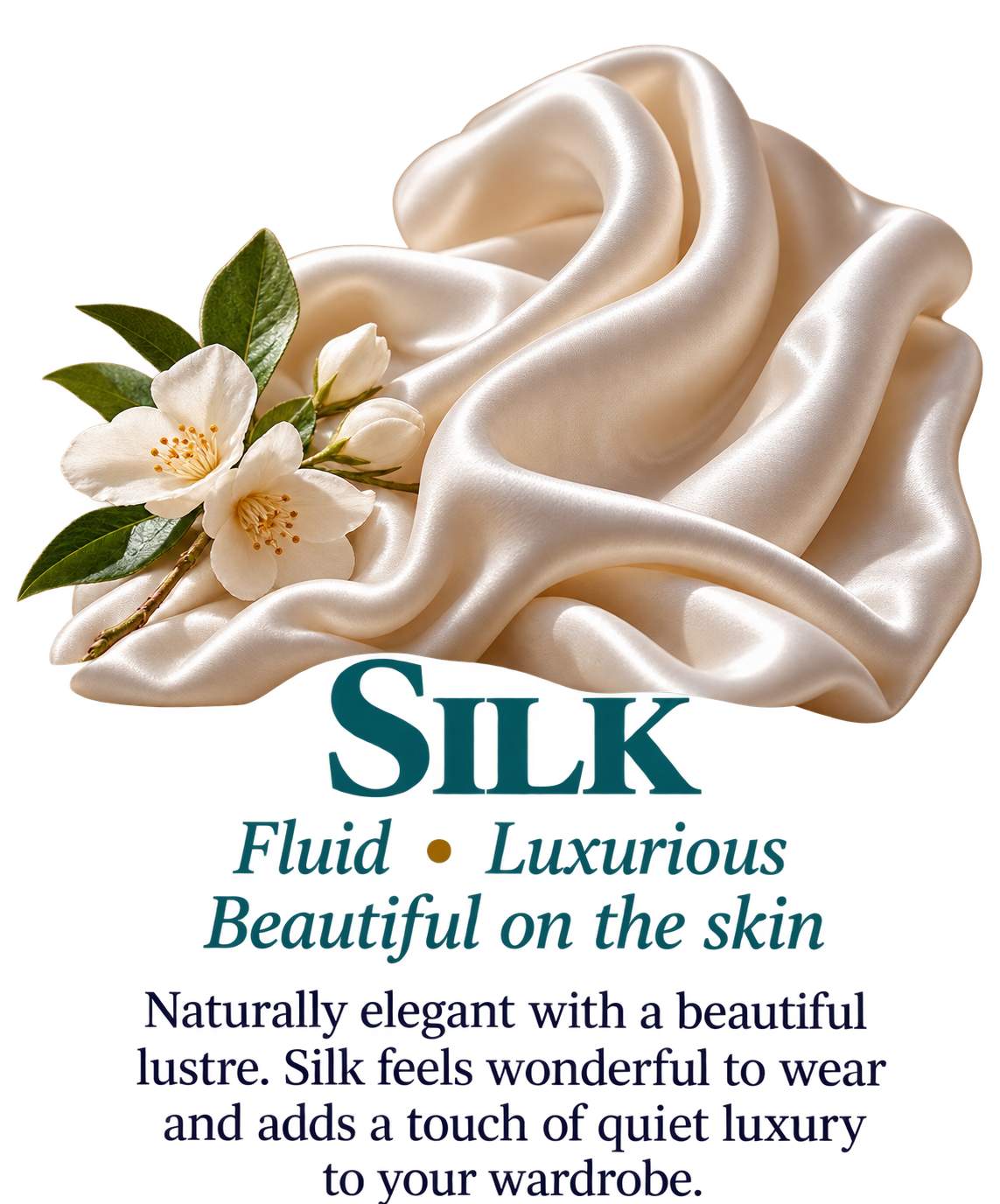 Close-up of flowing ivory silk fabric showing its smooth surface, soft folds and natural lustre.