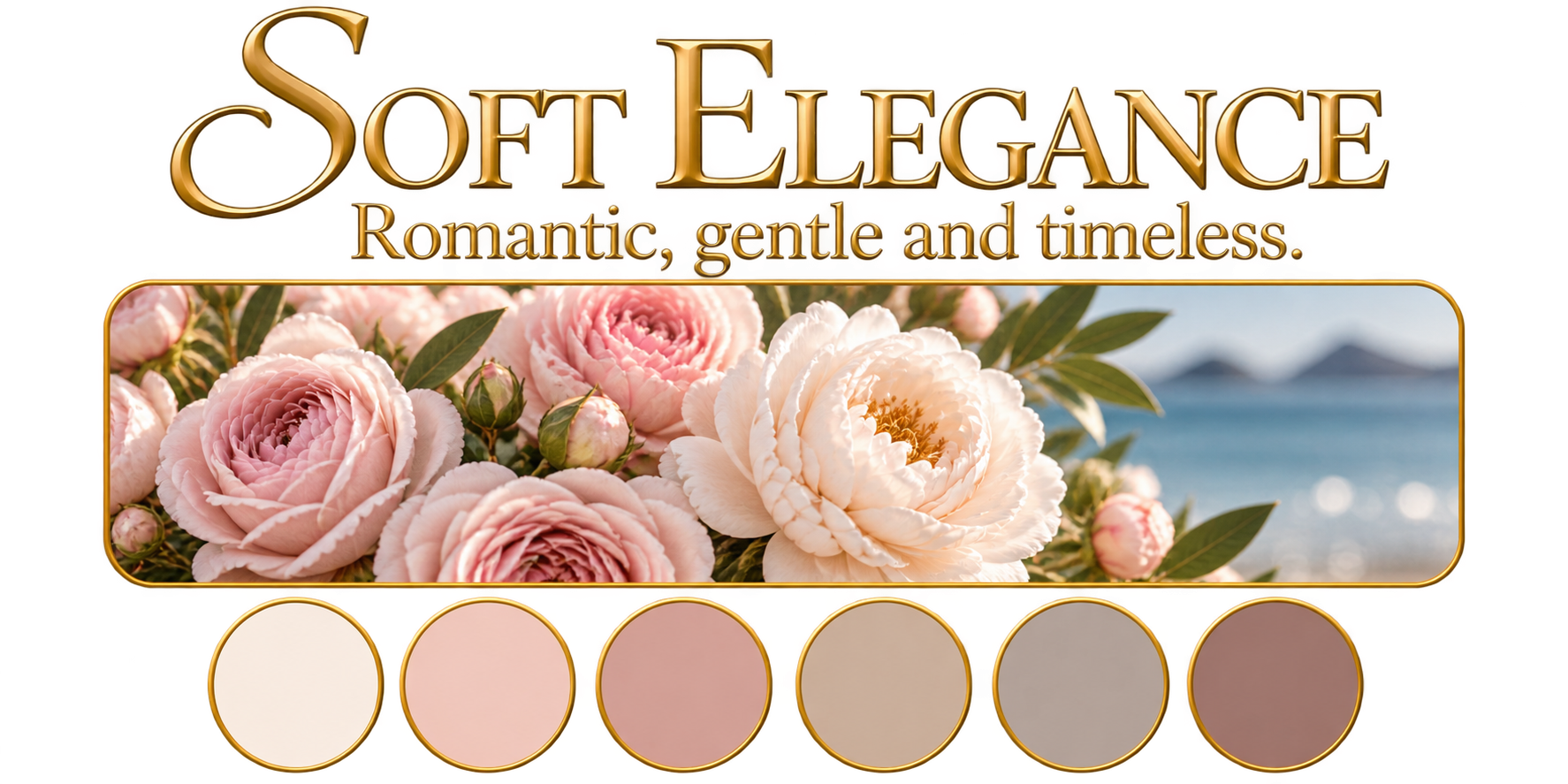 “Soft blush and ivory flowers in gentle, romantic tones.”