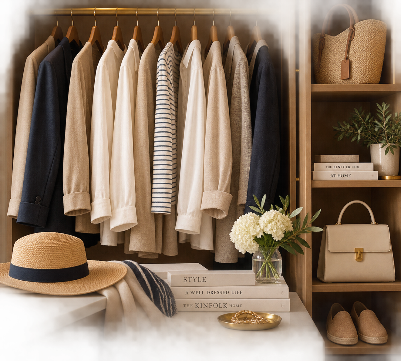 Capsule wardrobe of versatile clothing and accessories.