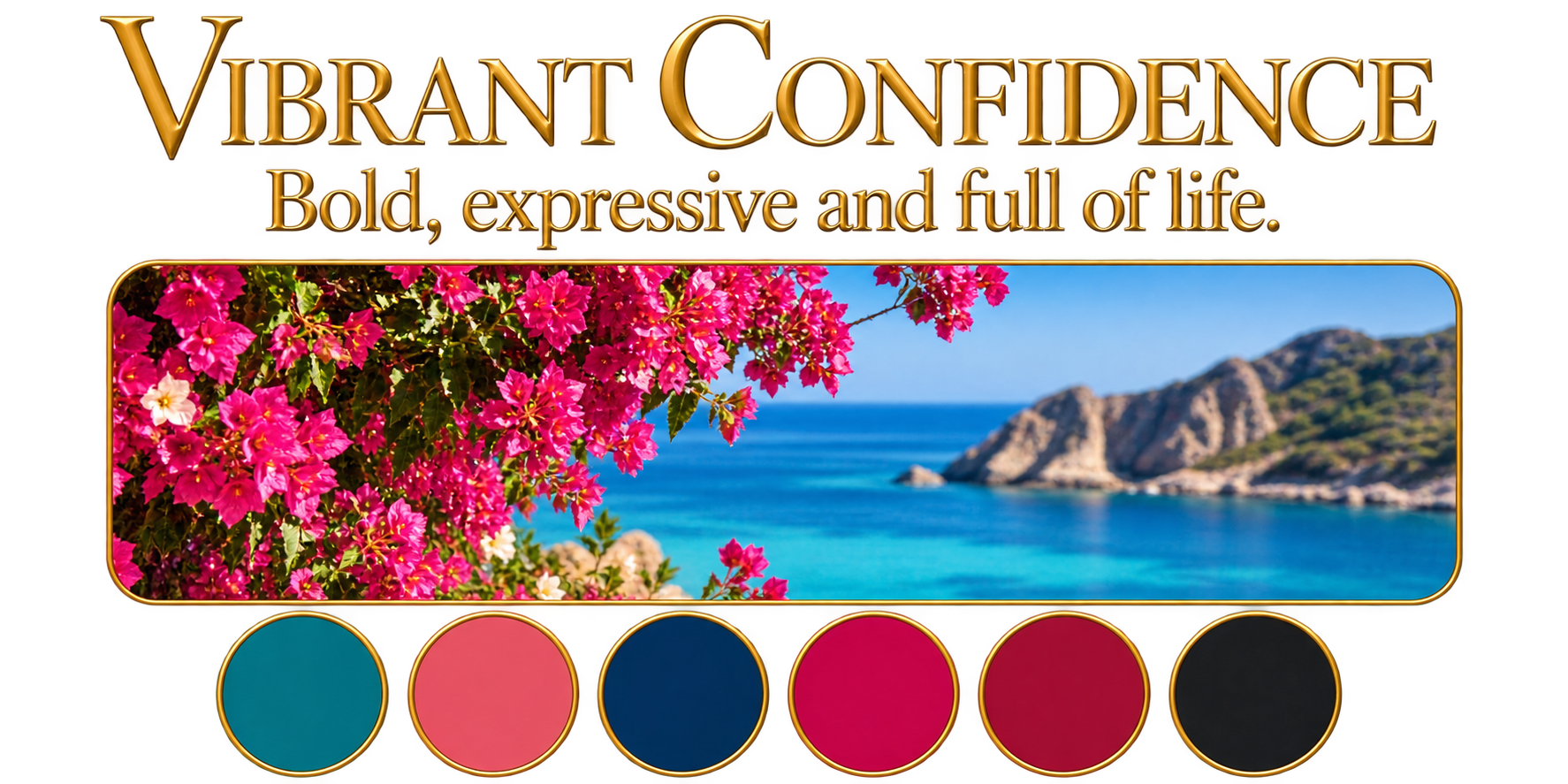 “Bright pink flowers beside clear blue water and mountains, illustrating vibrant and confident colour.”