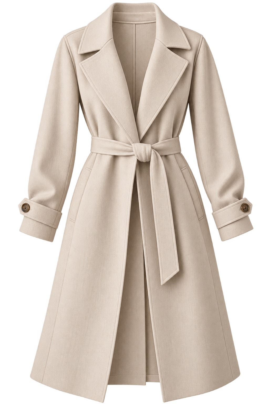 Neutral belted coat for a timeless capsule wardrobe.