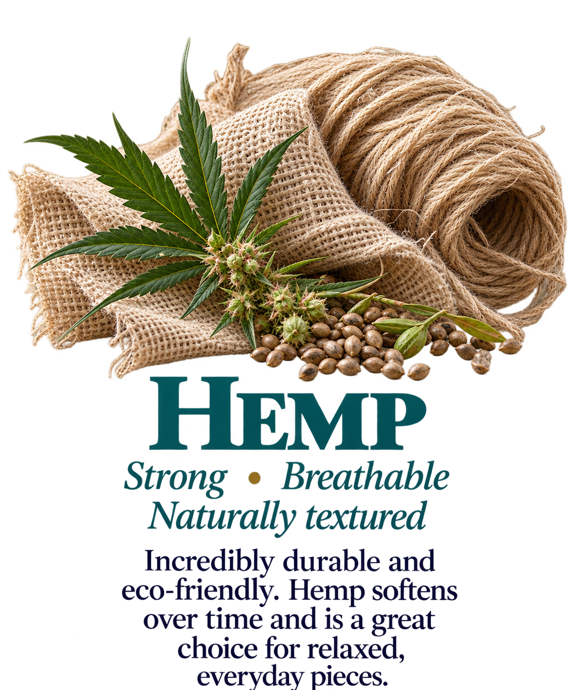 Close-up of textured natural hemp fabric with green foliage, highlighting its earthy character and woven texture.