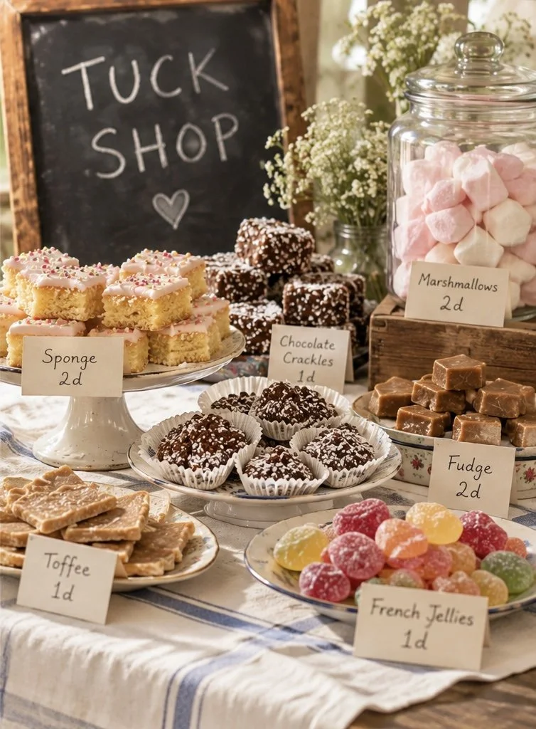 A tempting spread of homemade cakes, sweets and lollies — just the sort of tuck shop a little girl with a sweet tooth would love.