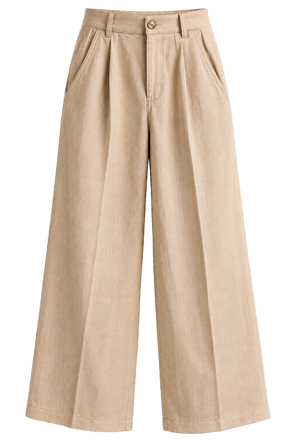 Wide-leg neutral trousers for a capsule wardrobe.