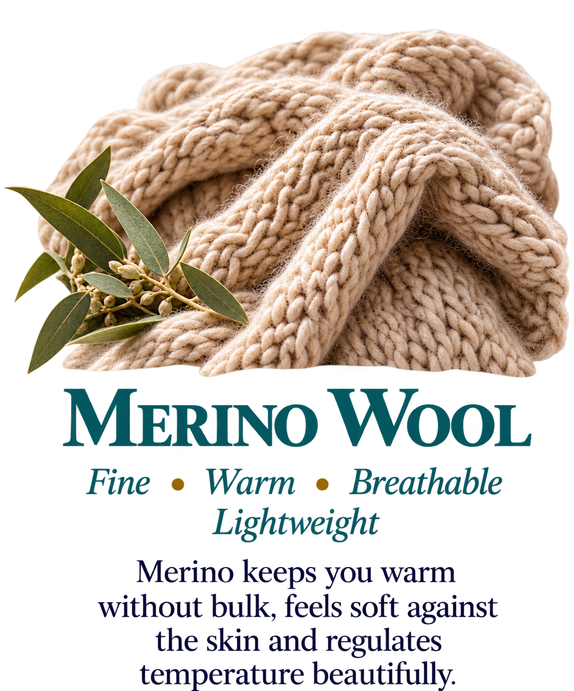 Close-up of warm, textured merino wool fabric showing its soft knitted fibres.
