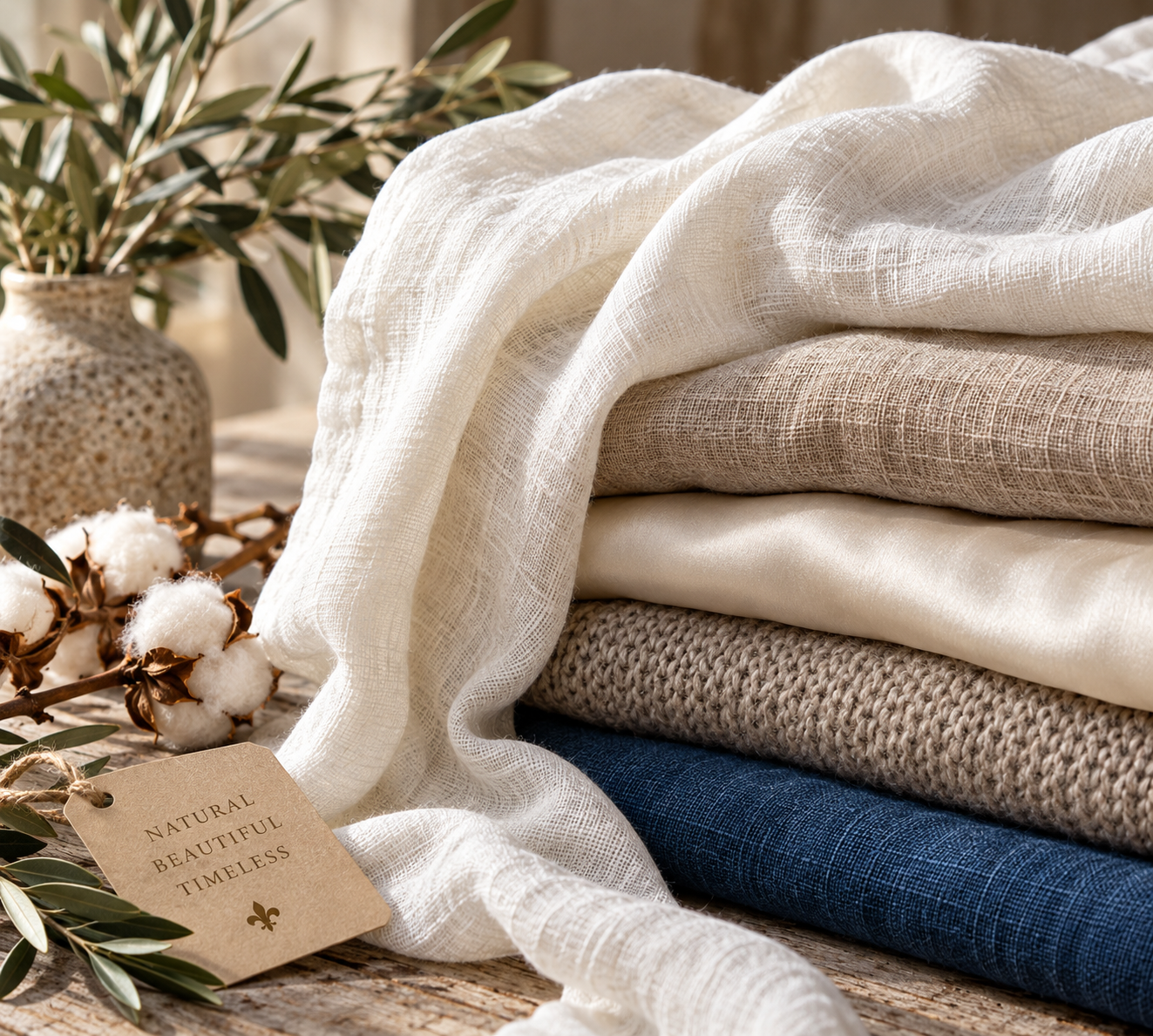 Natural fabrics including linen, cotton, silk and wool.