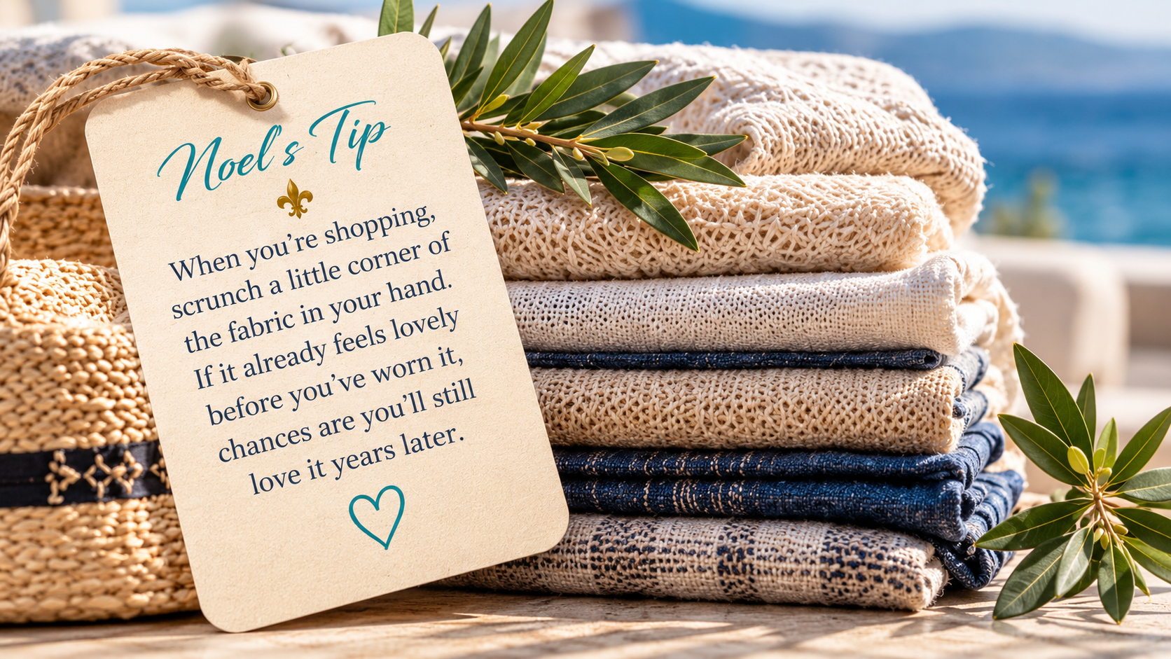 Stack of folded natural fabrics in neutral tones beside a handwritten “Noel’s Tip” tag and green foliage.